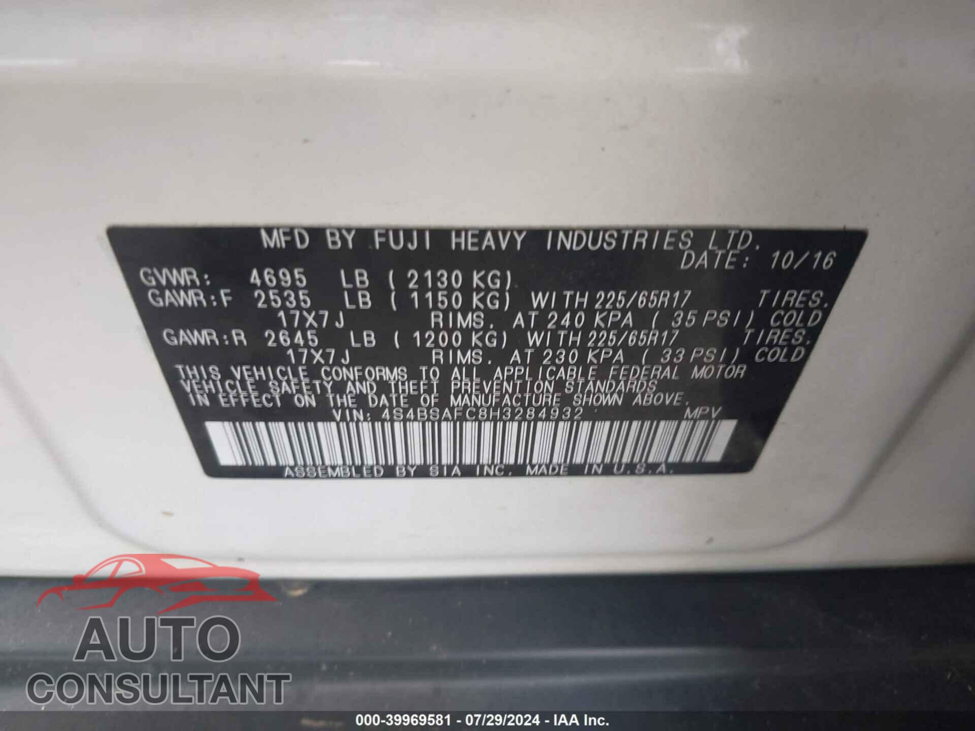 SUBARU OUTBACK 2017 - 4S4BSAFC8H3284932