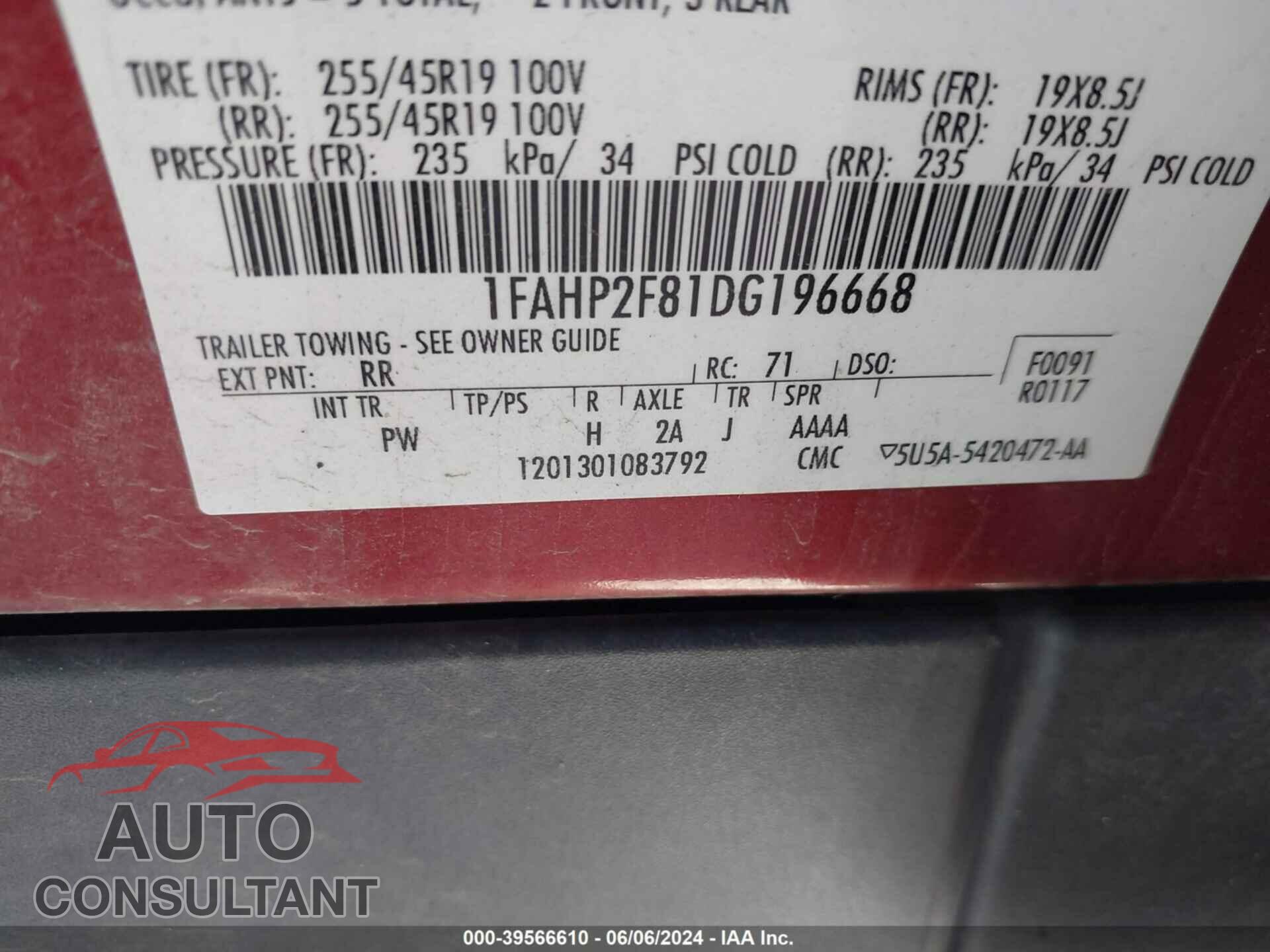 FORD TAURUS 2013 - 1FAHP2F81DG196668