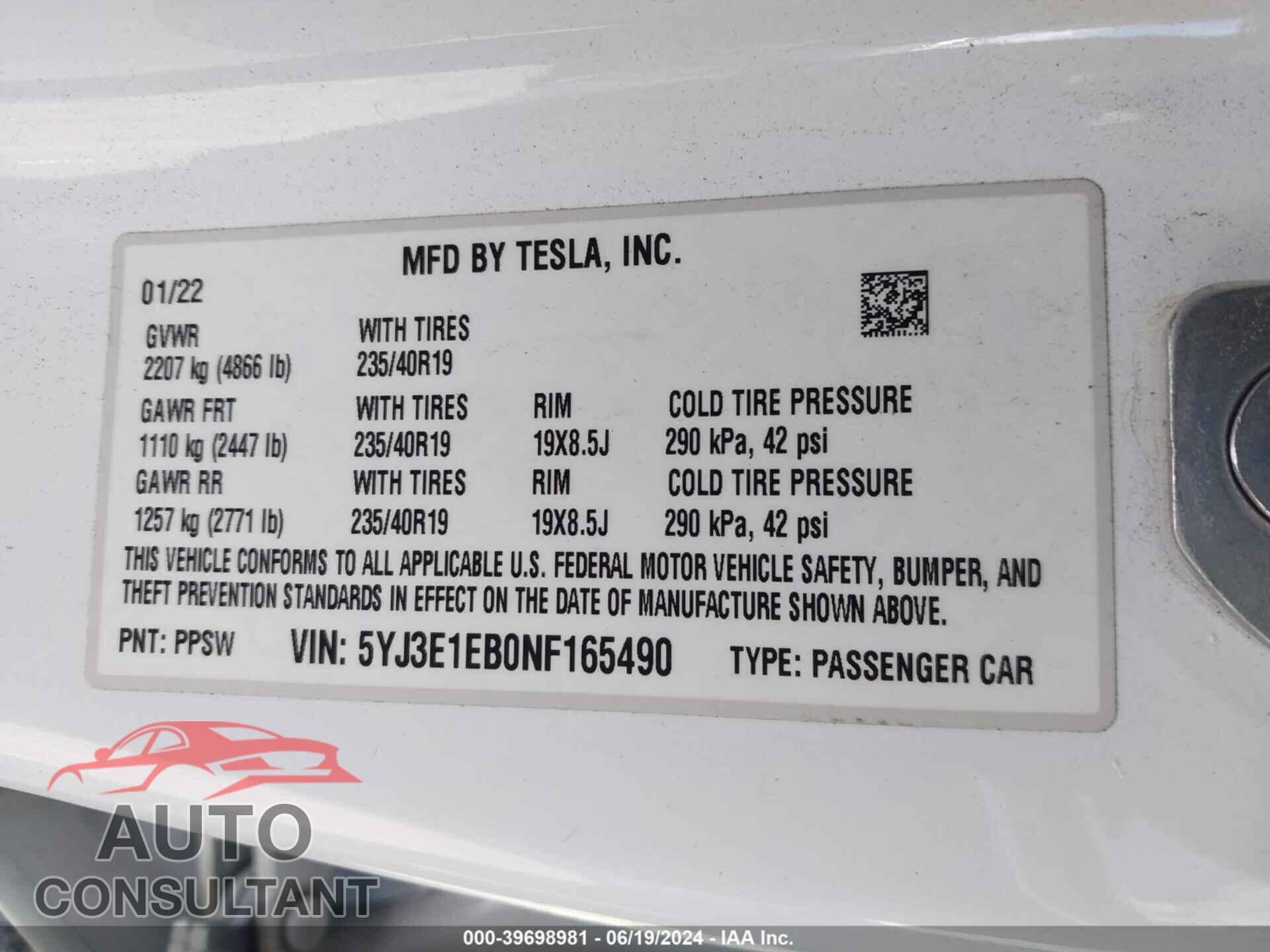 TESLA MODEL 3 2022 - 5YJ3E1EB0NF165490