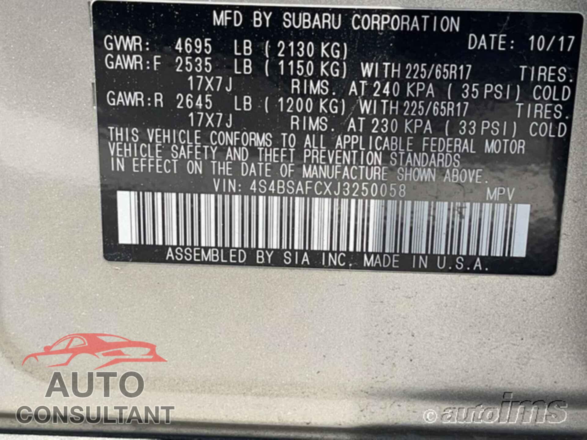 SUBARU OUTBACK 2018 - 4S4BSAFCXJ3250058
