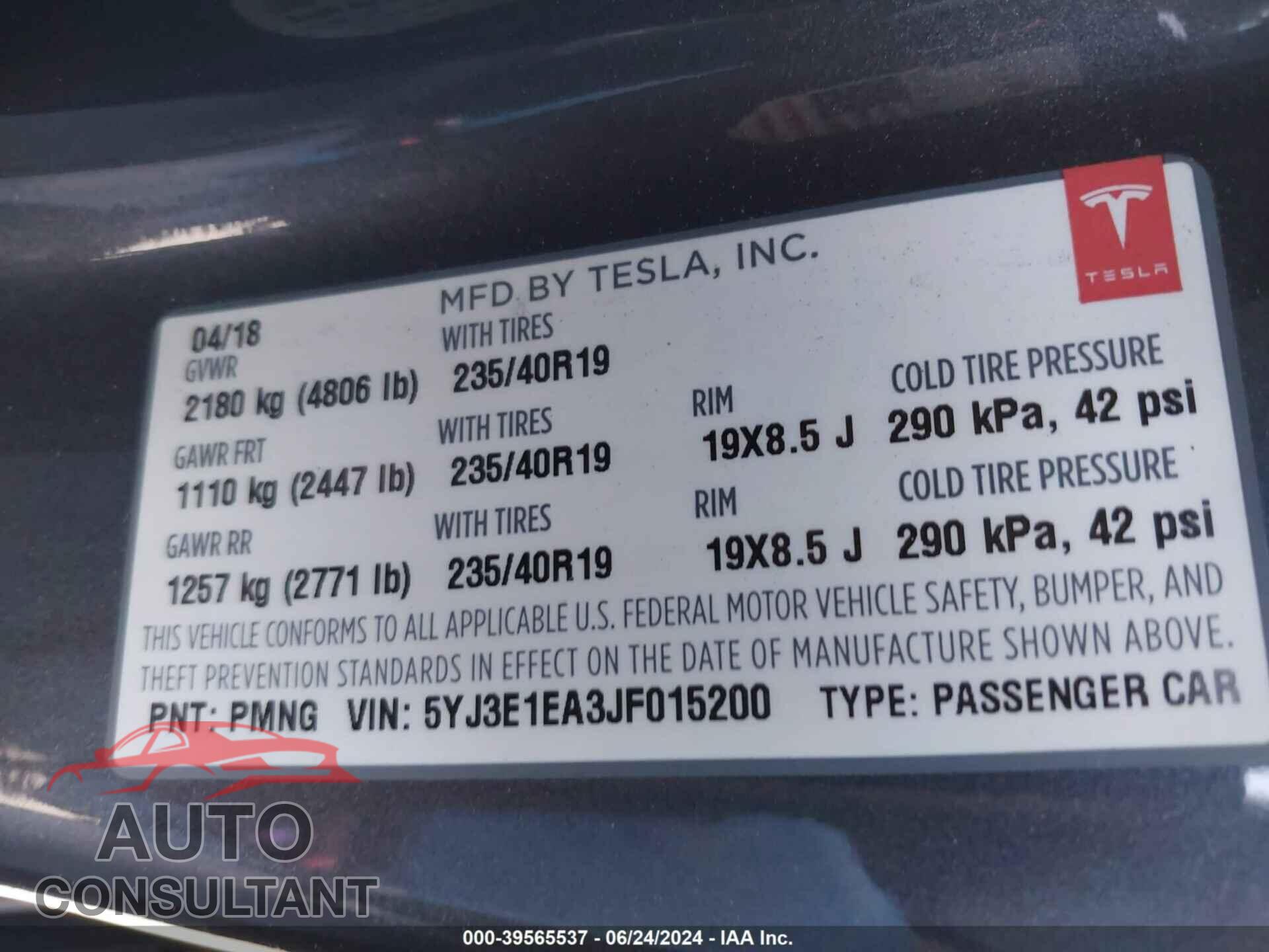 TESLA MODEL 3 2018 - 5YJ3E1EA3JF015200