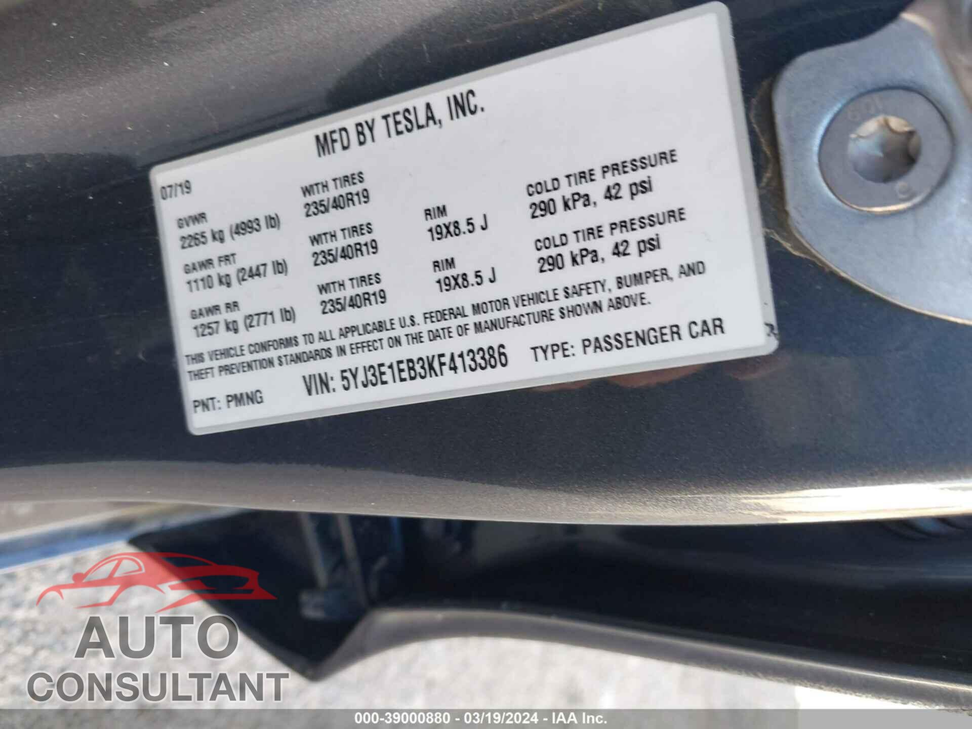 TESLA MODEL 3 2019 - 5YJ3E1EB3KF413386