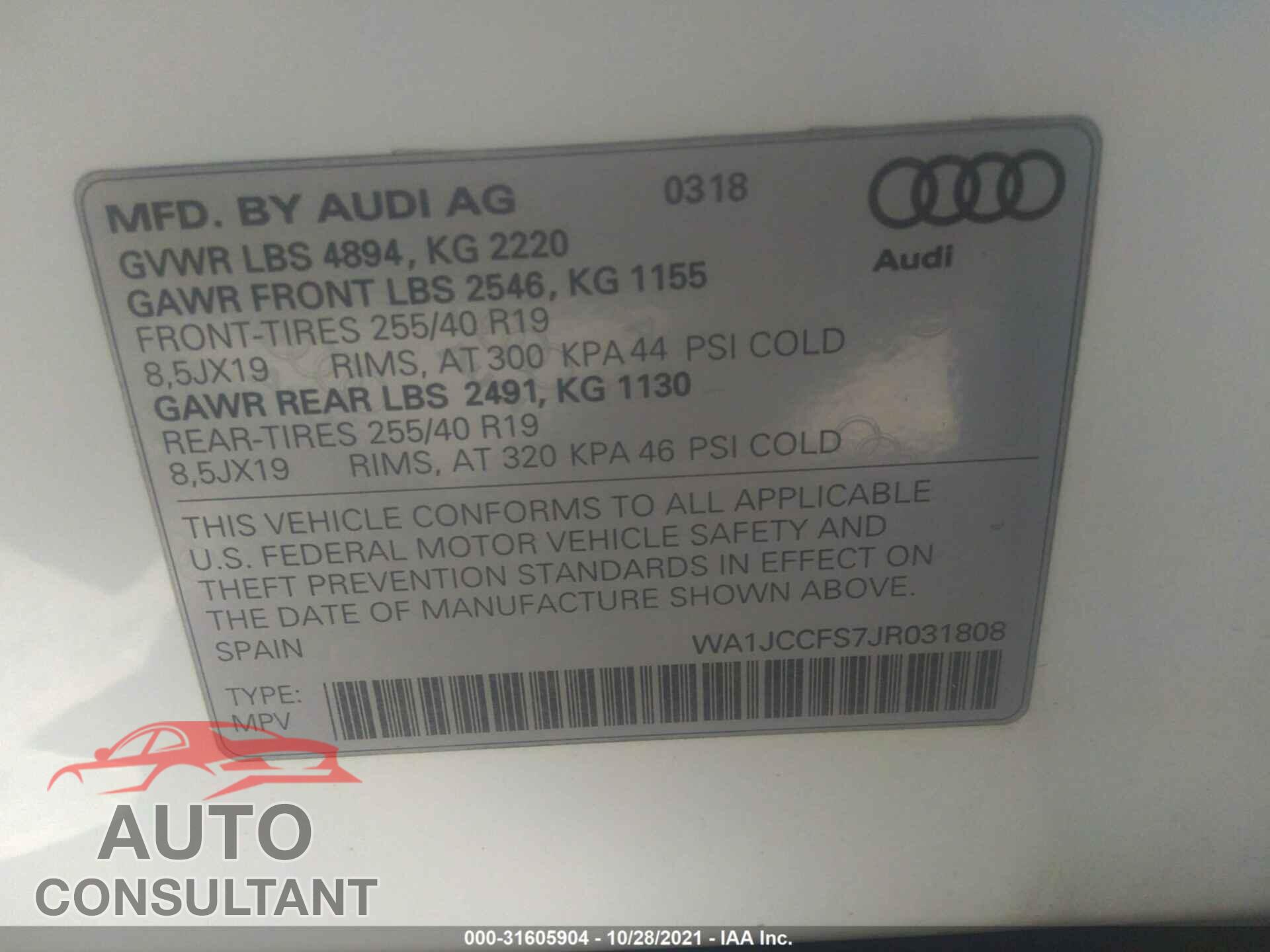 AUDI Q3 2018 - WA1JCCFS7JR031808