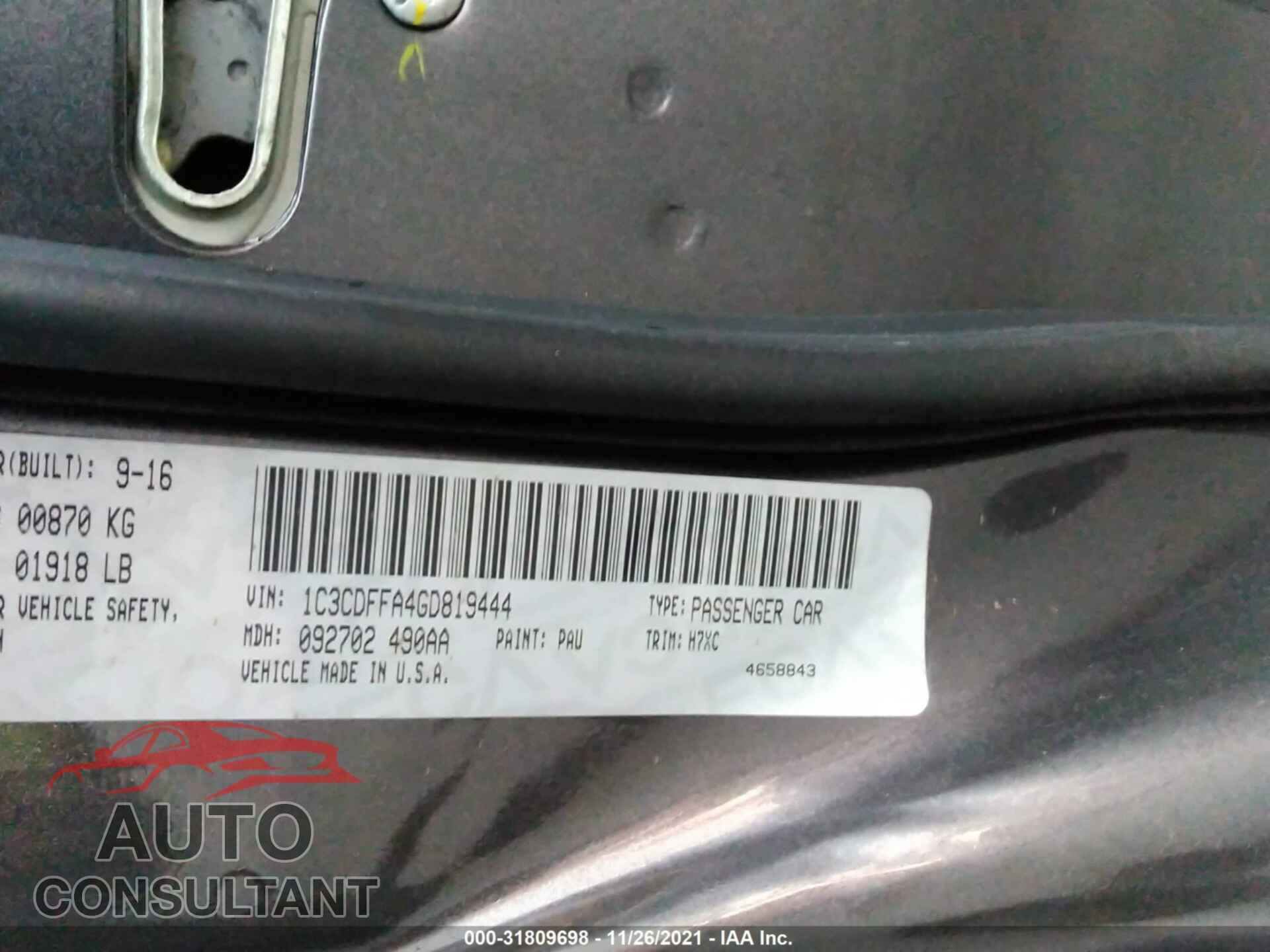 DODGE DART 2016 - 1C3CDFFA4GD819444