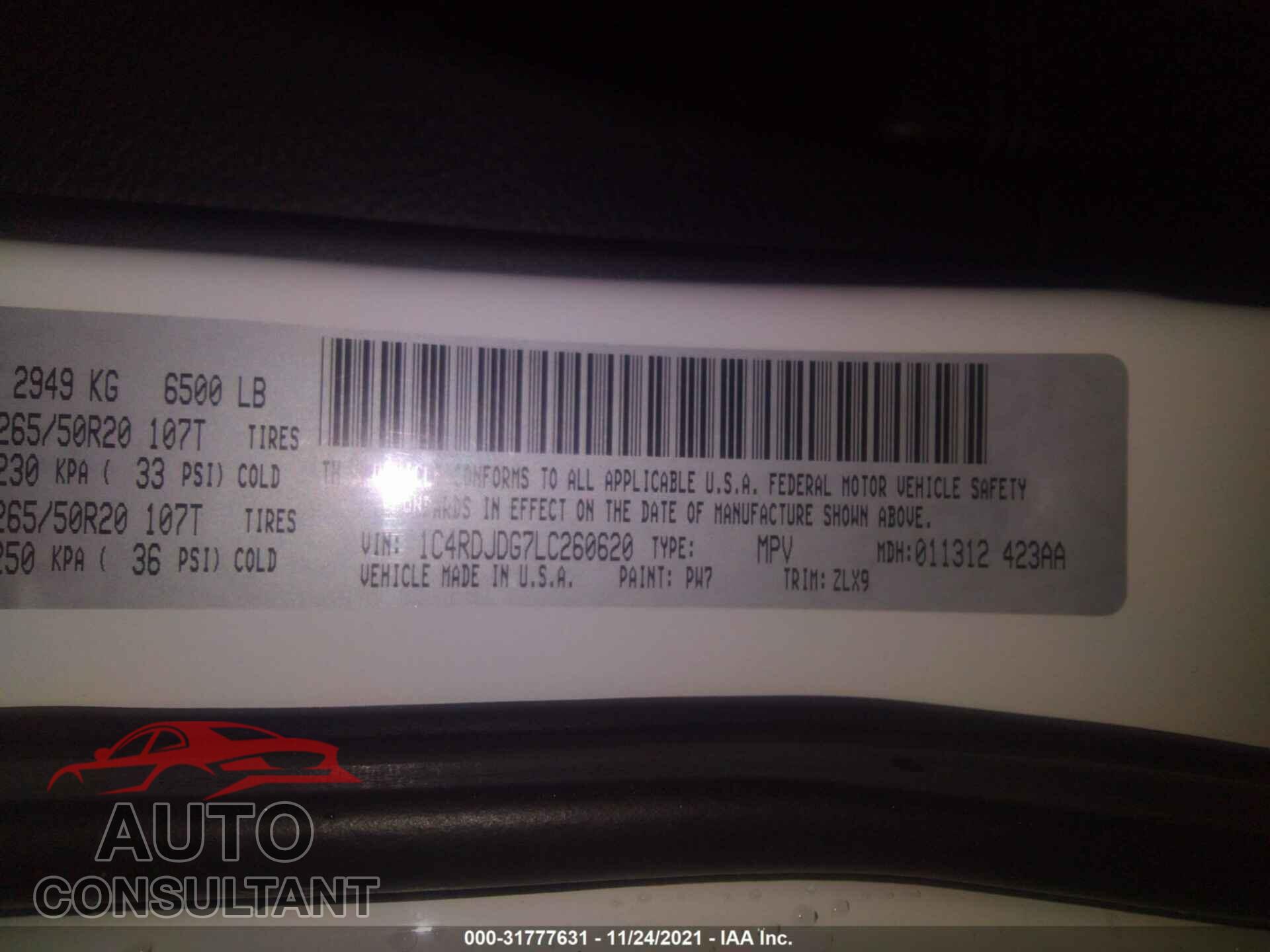 DODGE DURANGO 2020 - 1C4RDJDG7LC260620