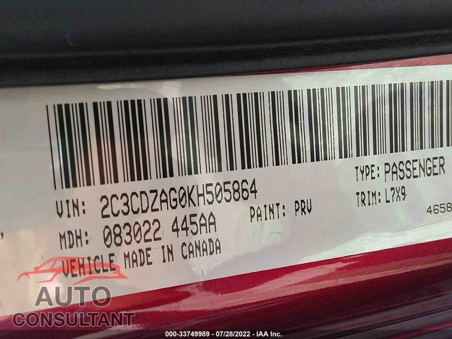 DODGE CHALLENGER 2019 - 2C3CDZAG0KH505864