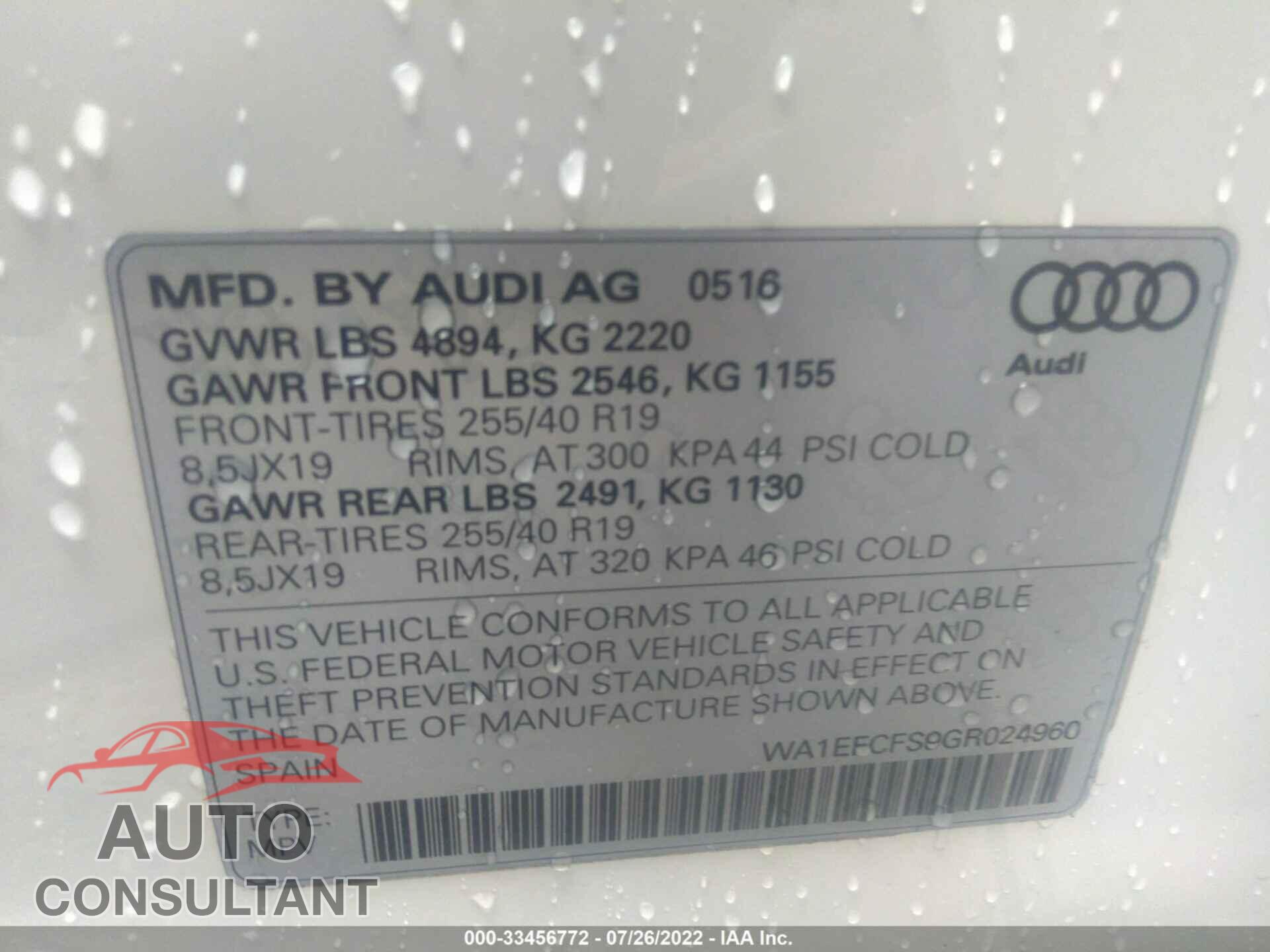 AUDI Q3 2016 - WA1EFCFS9GR024960