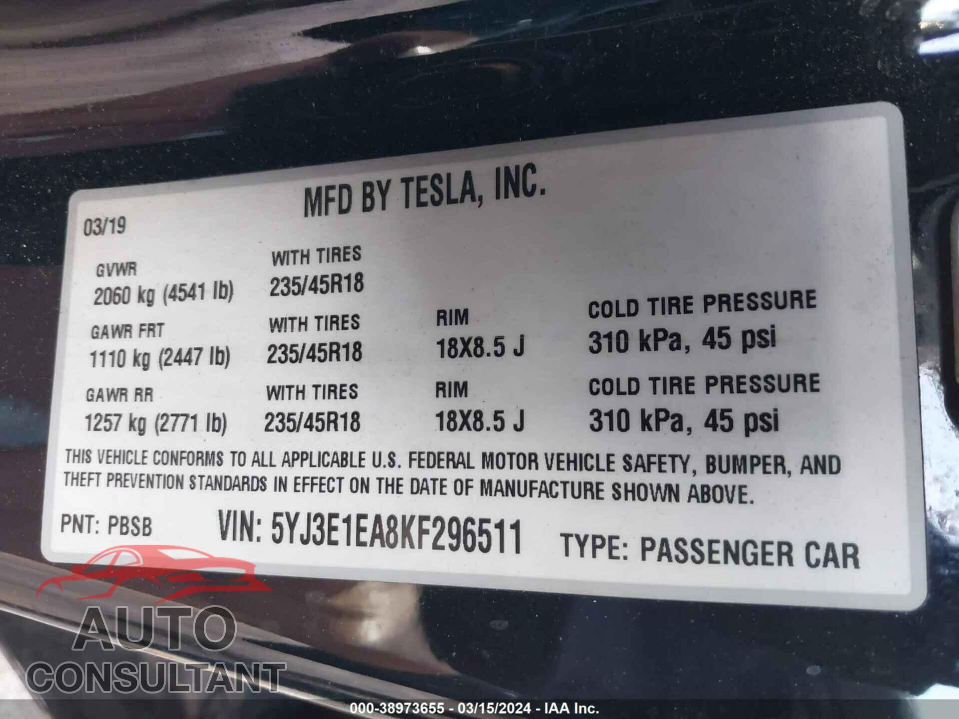 TESLA MODEL 3 2019 - 5YJ3E1EA8KF296511