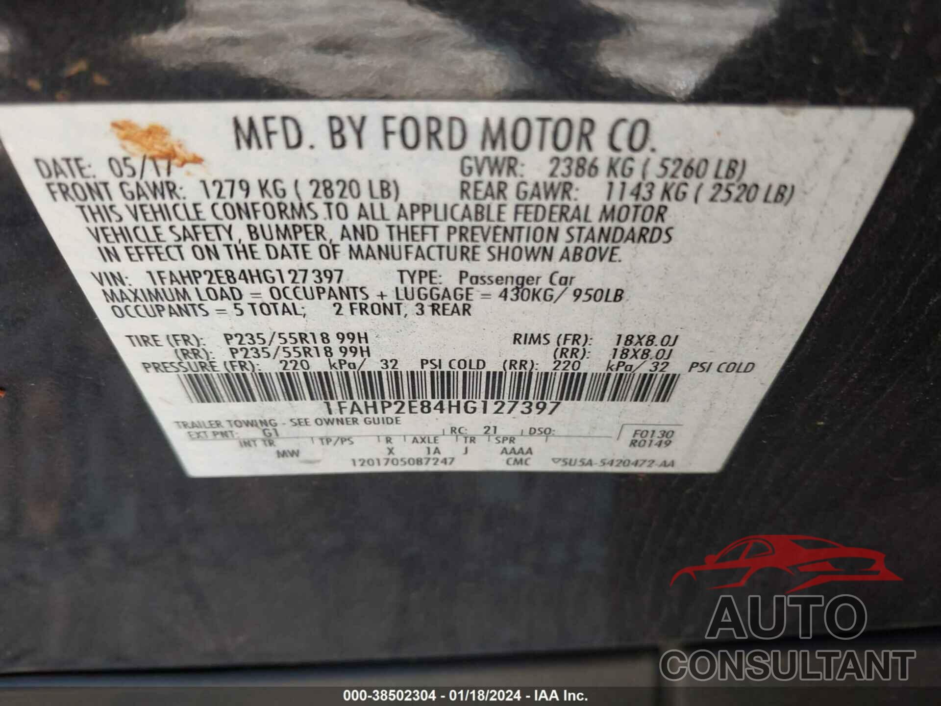 FORD TAURUS 2017 - 1FAHP2E84HG127397