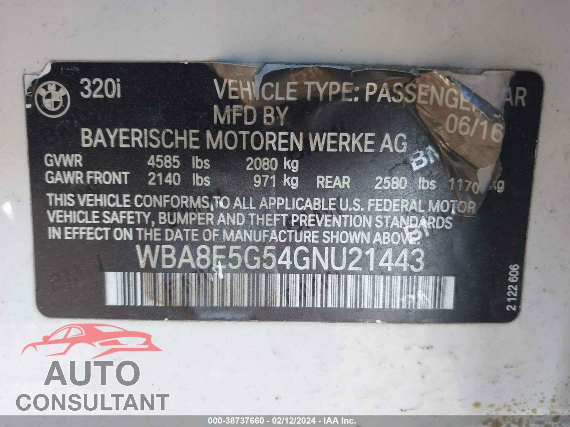 BMW 320 2016 - WBA8E5G54GNU21443