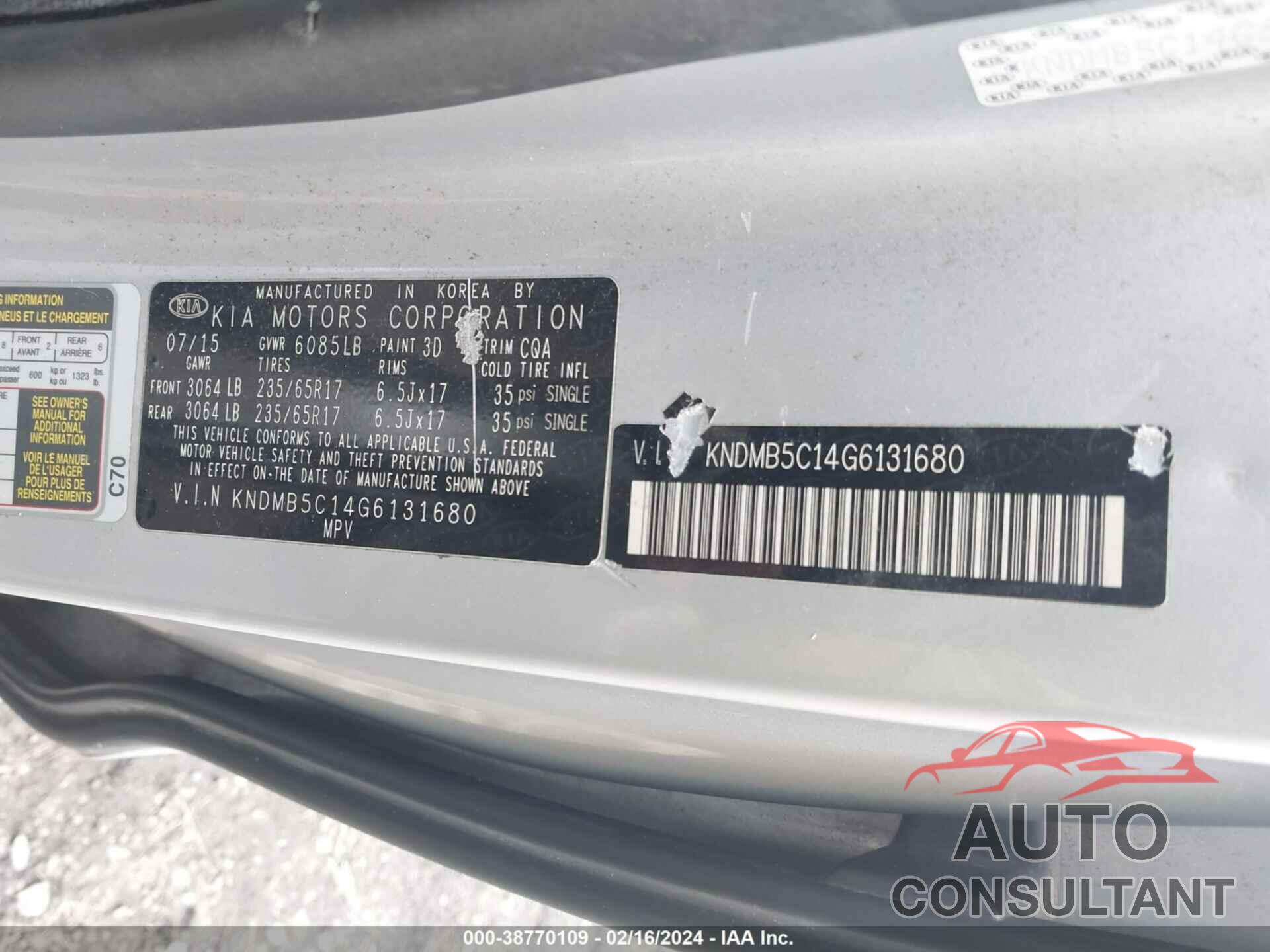 KIA SEDONA 2016 - KNDMB5C14G6131680