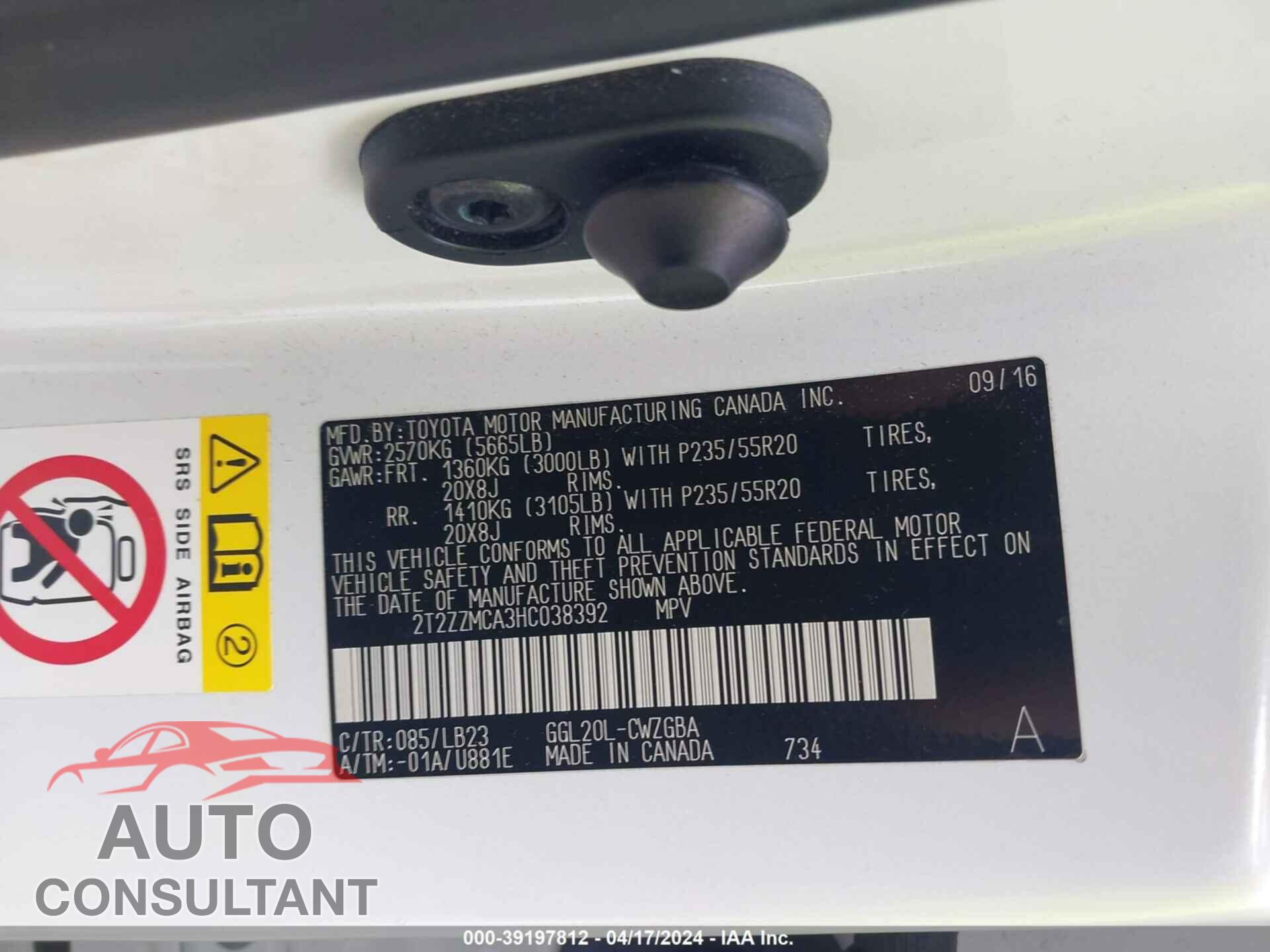 LEXUS RX 2017 - 2T2ZZMCA3HC038392