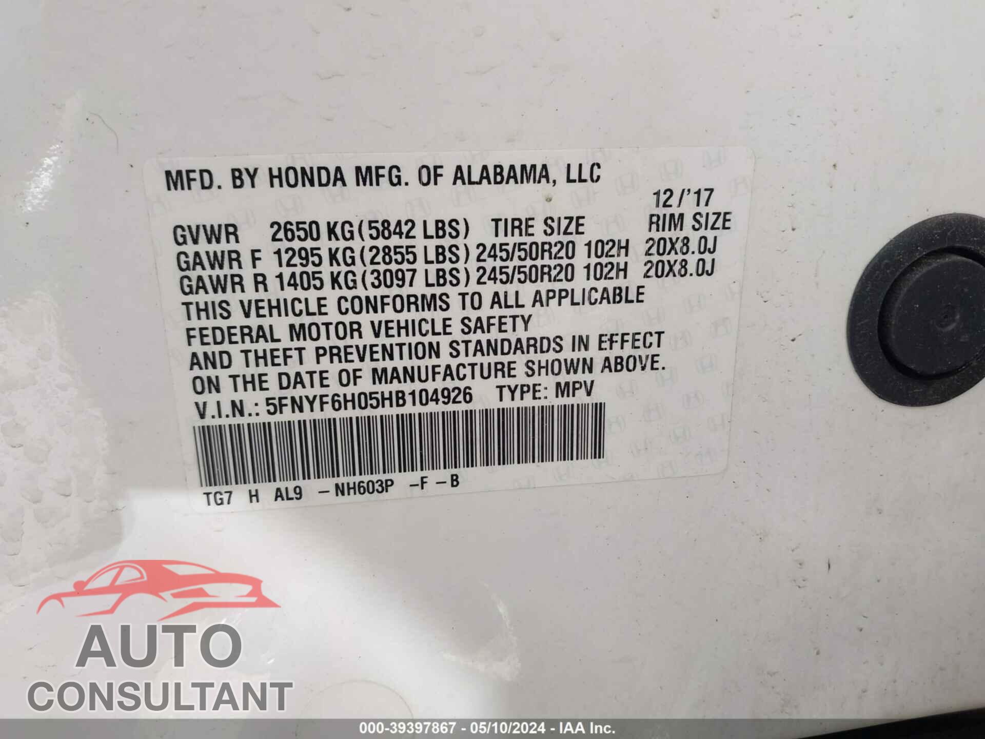 HONDA PILOT 2017 - 5FNYF6H05HB104926