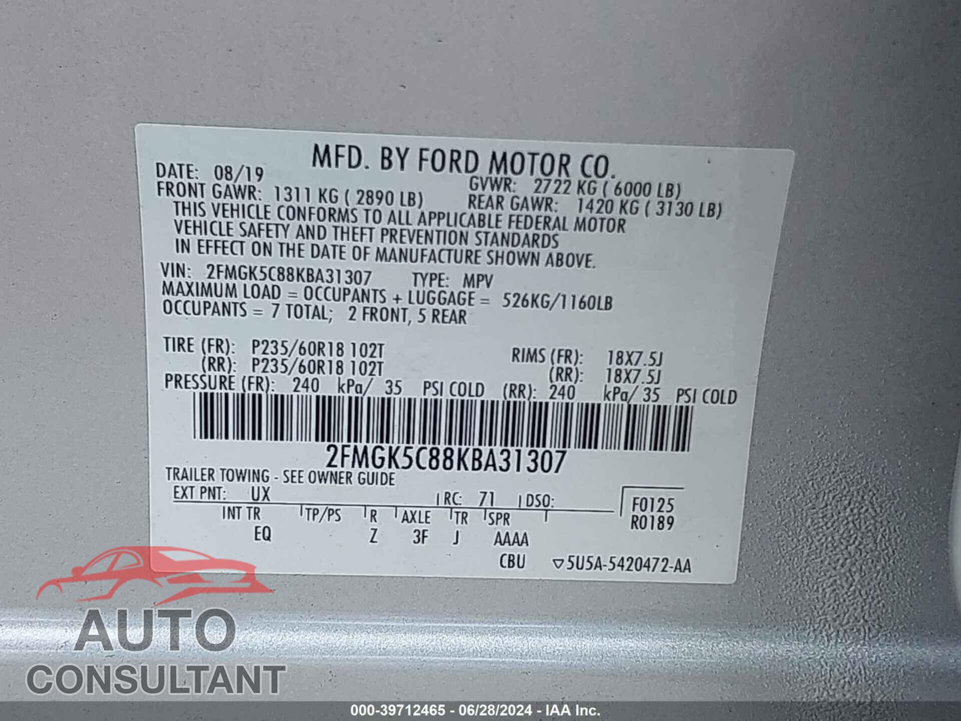 FORD FLEX 2019 - 2FMGK5C88KBA31307