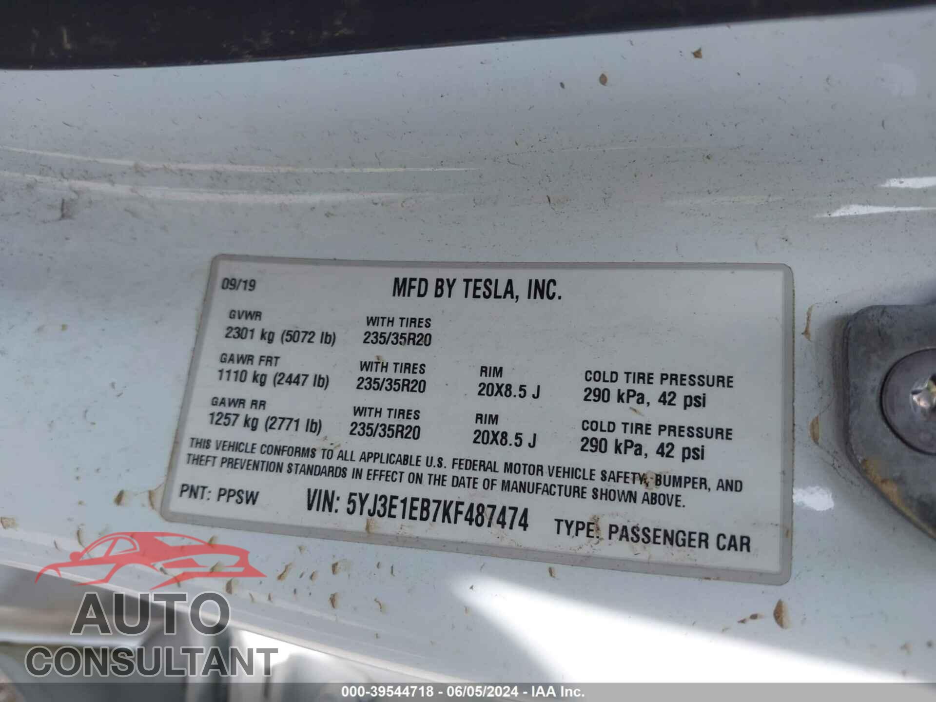 TESLA MODEL 3 2019 - 5YJ3E1EB7KF487474