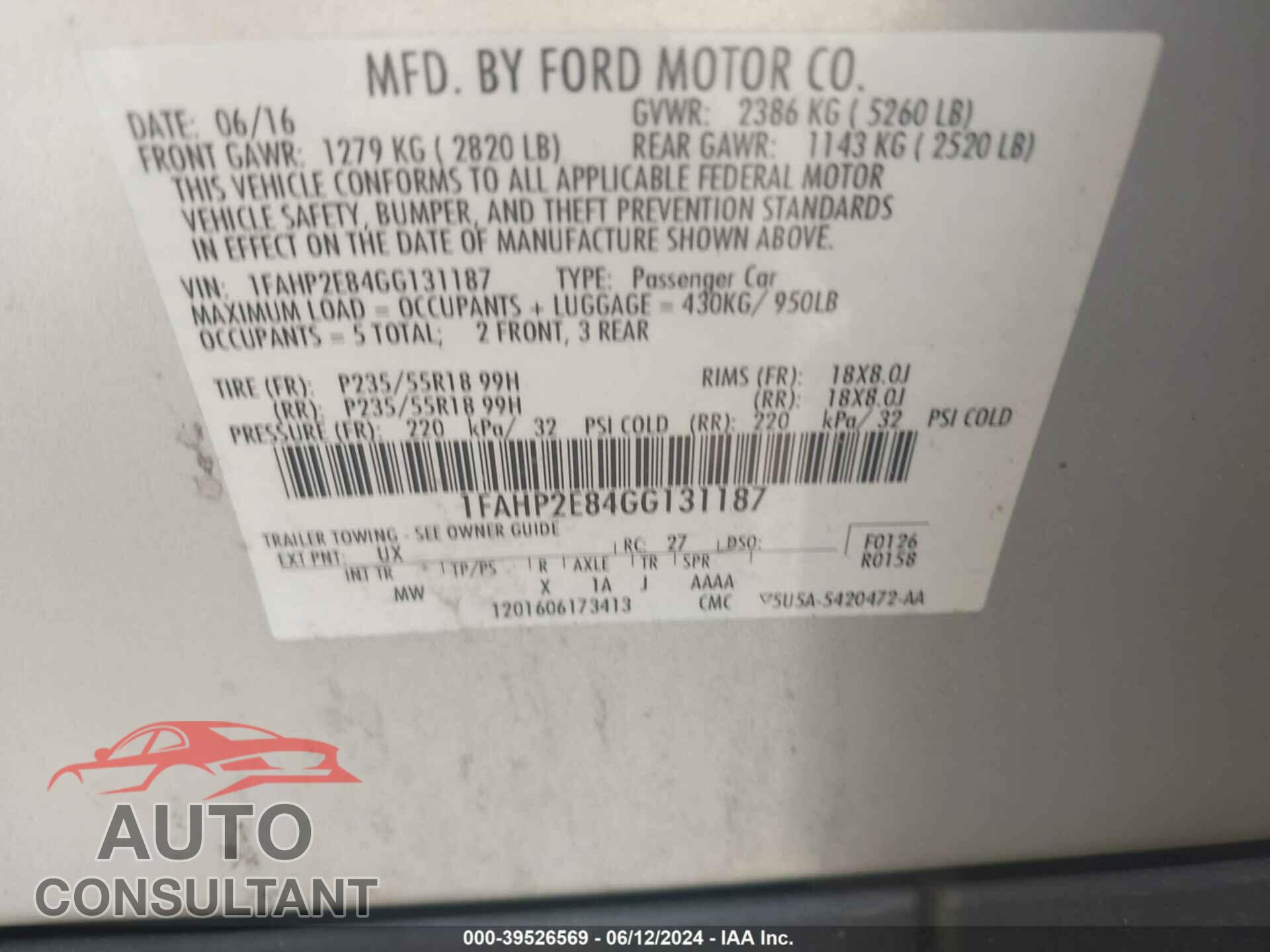 FORD TAURUS 2016 - 1FAHP2E84GG131187