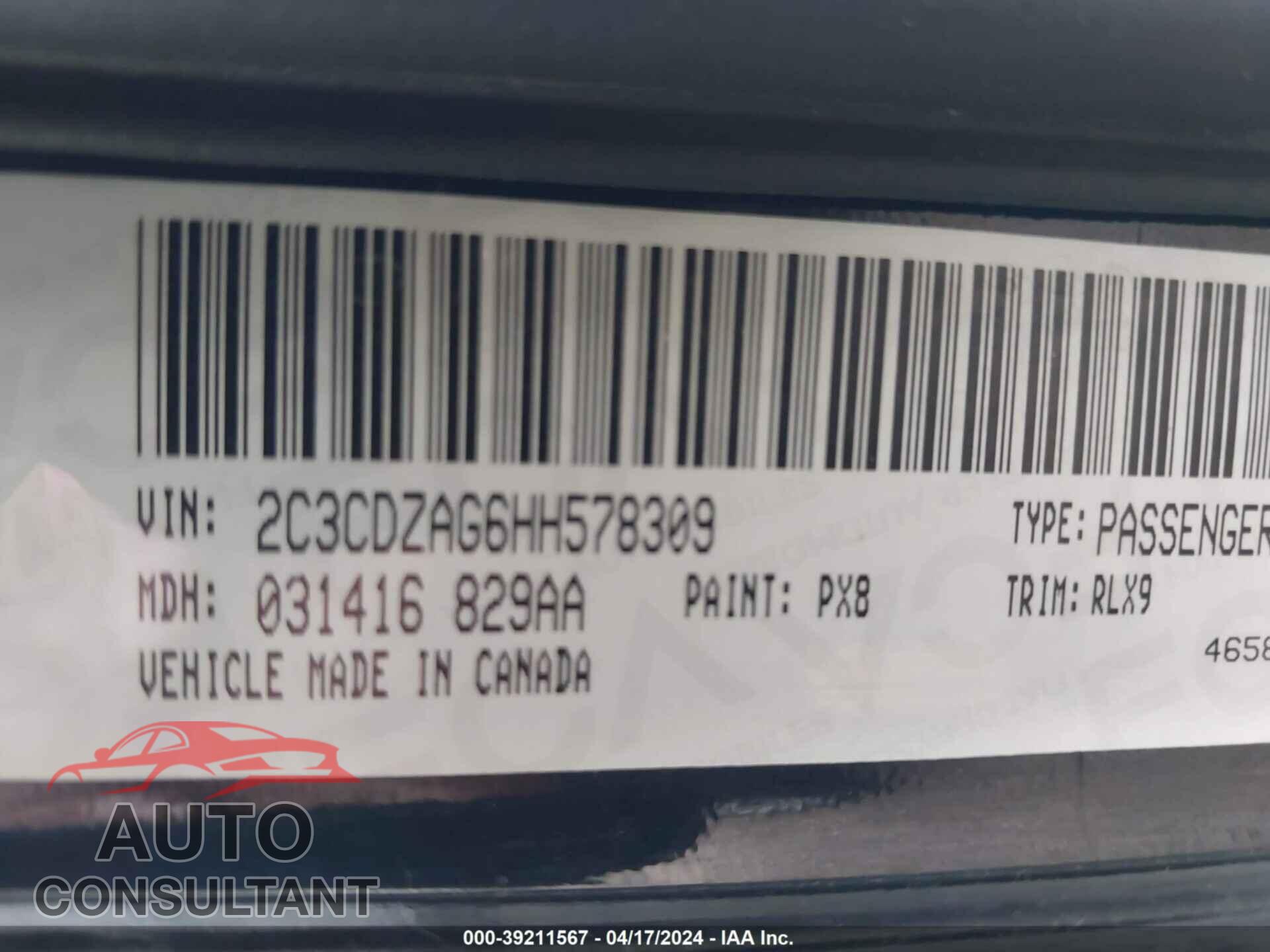 DODGE CHALLENGER 2017 - 2C3CDZAG6HH578309