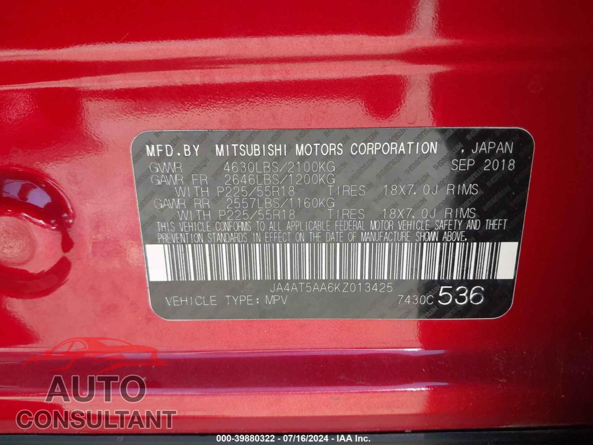 MITSUBISHI ECLIPSE CROSS 2019 - JA4AT5AA6KZ013425