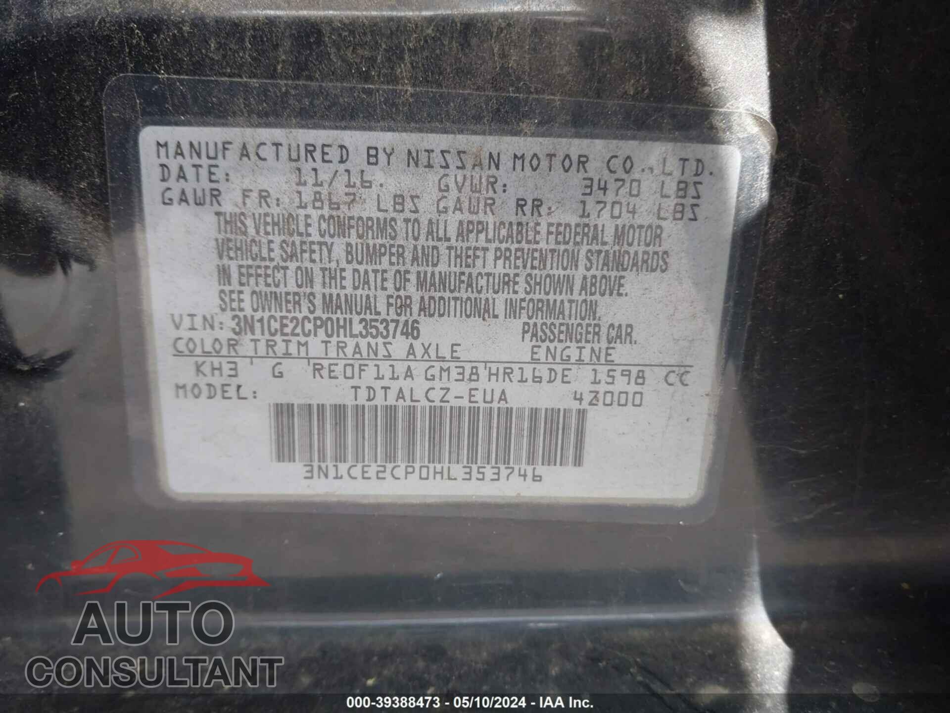NISSAN VERSA NOTE 2017 - 3N1CE2CP0HL353746