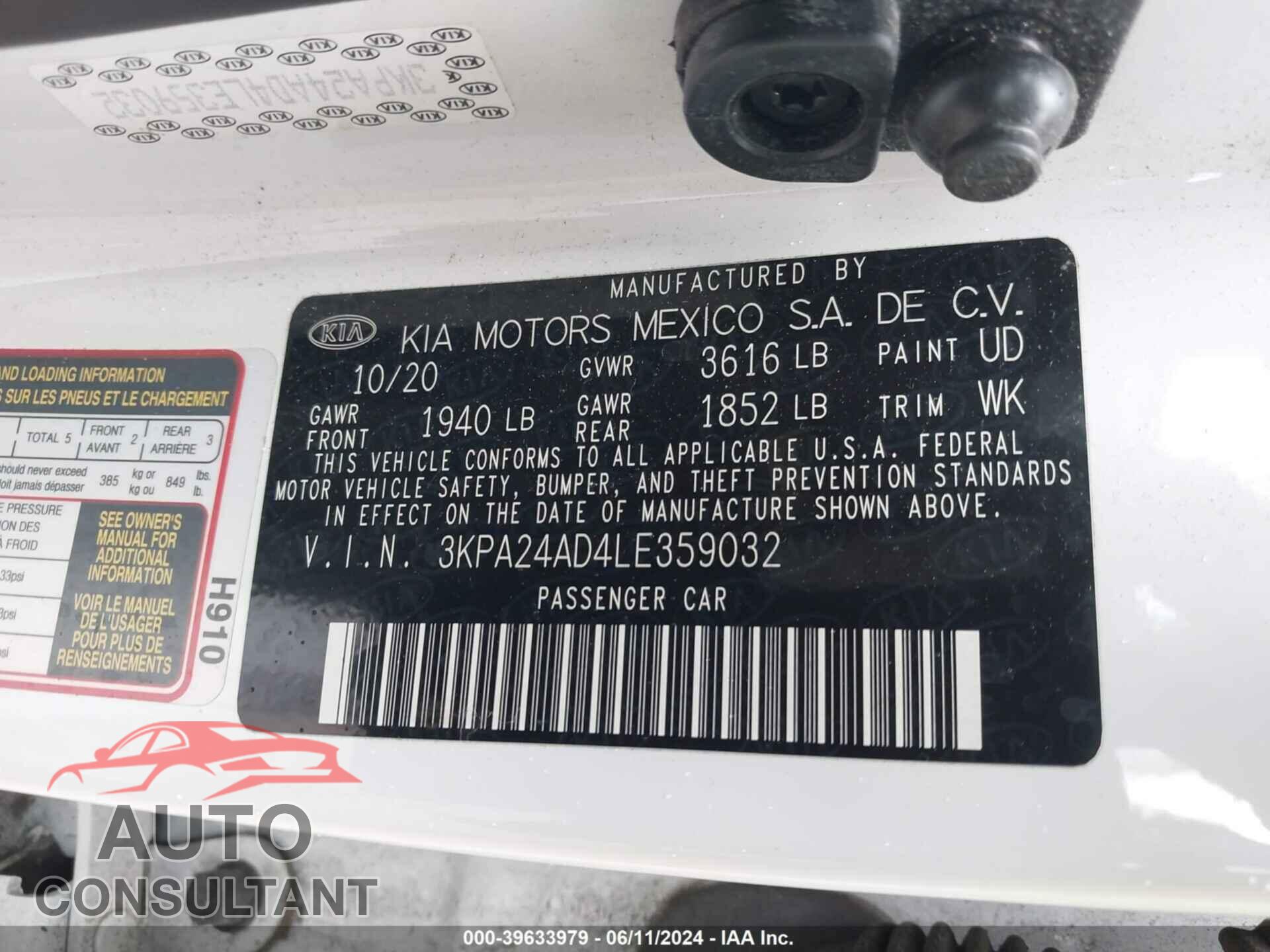 KIA RIO 2020 - 3KPA24AD4LE359032