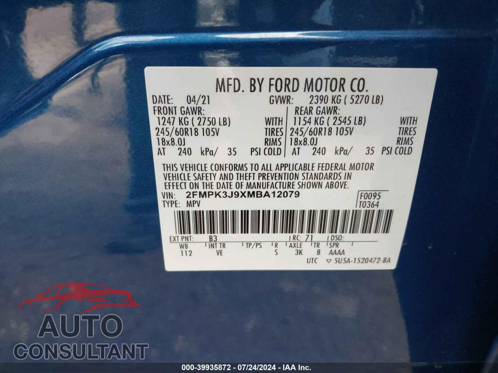 FORD EDGE 2021 - 2FMPK3J9XMBA12079