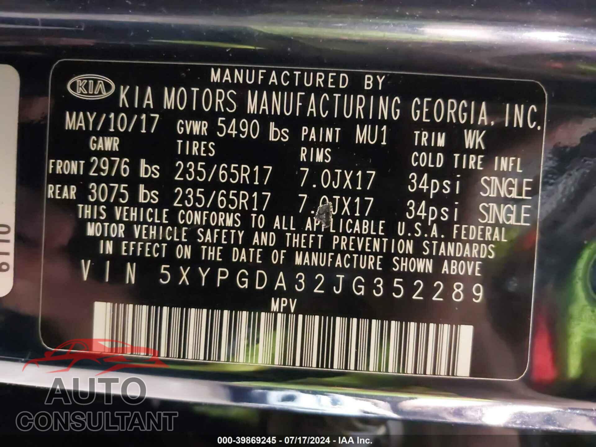 KIA SORENTO 2018 - 5XYPGDA32JG352289