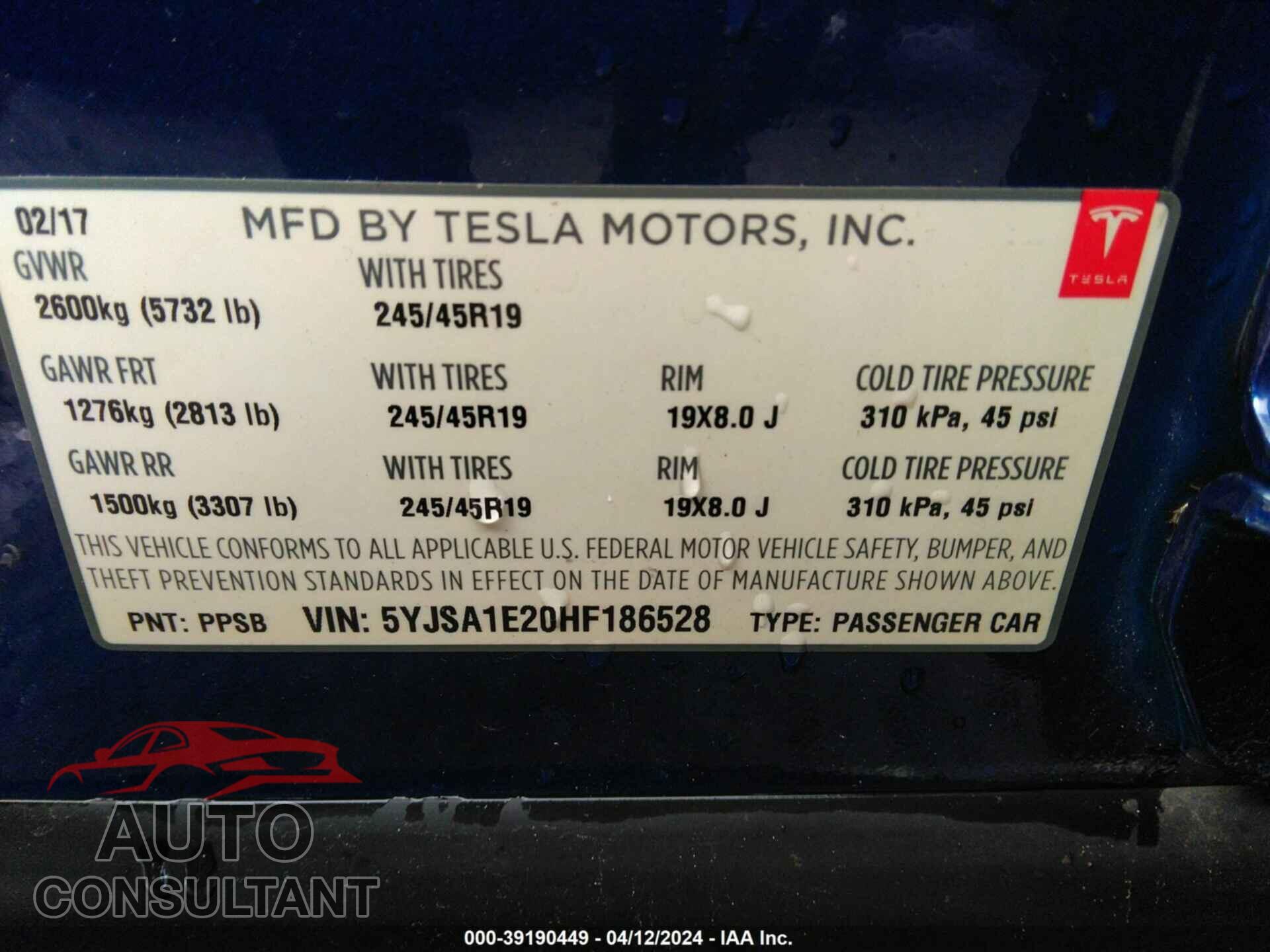 TESLA MODEL S 2017 - 5YJSA1E20HF186528