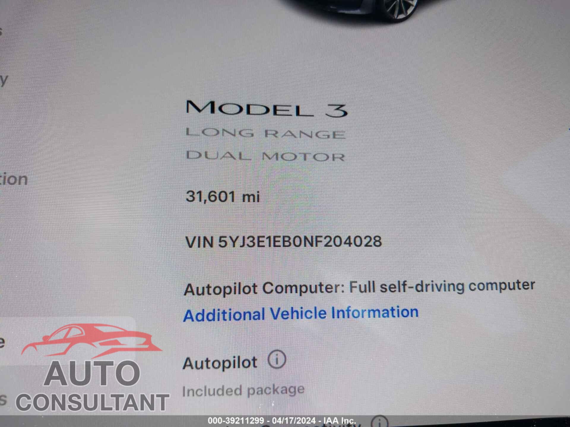 TESLA MODEL 3 2022 - 5YJ3E1EB0NF204028