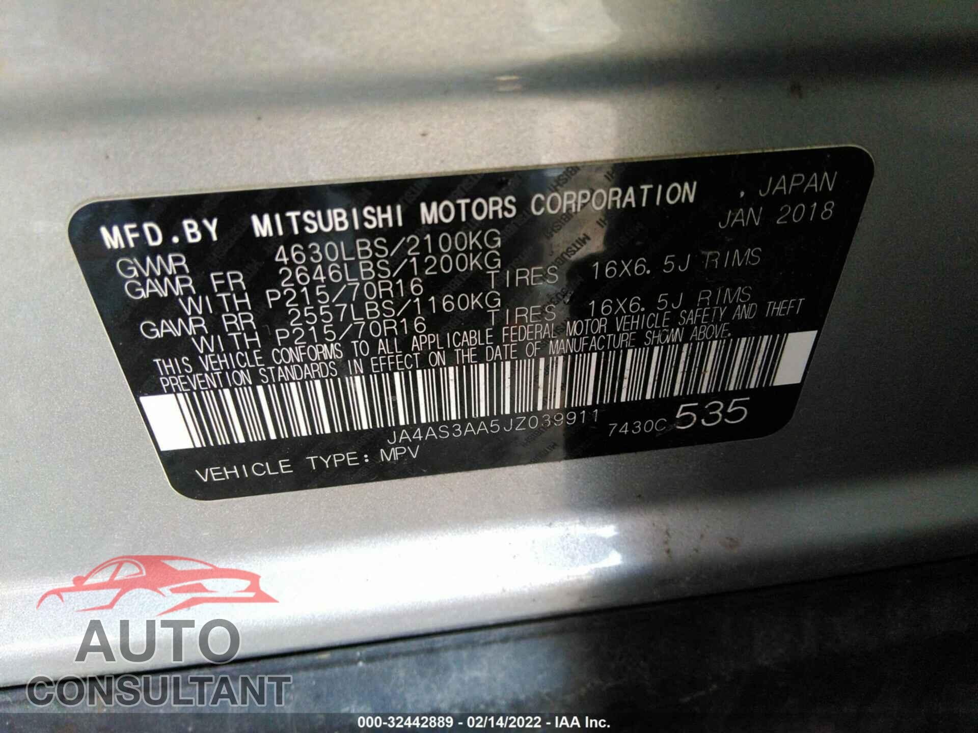 MITSUBISHI ECLIPSE CROSS 2018 - JA4AS3AA5JZ039911