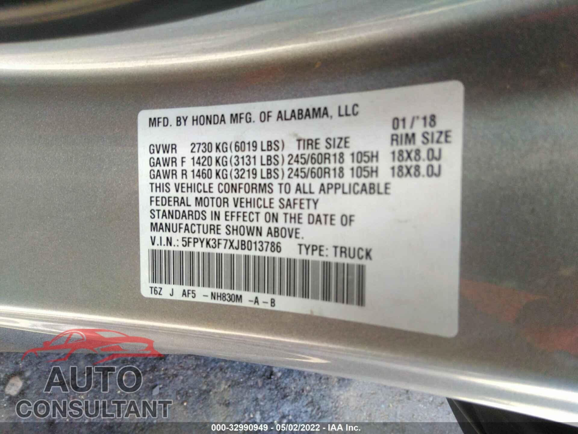 HONDA RIDGELINE 2018 - 5FPYK3F7XJB013786