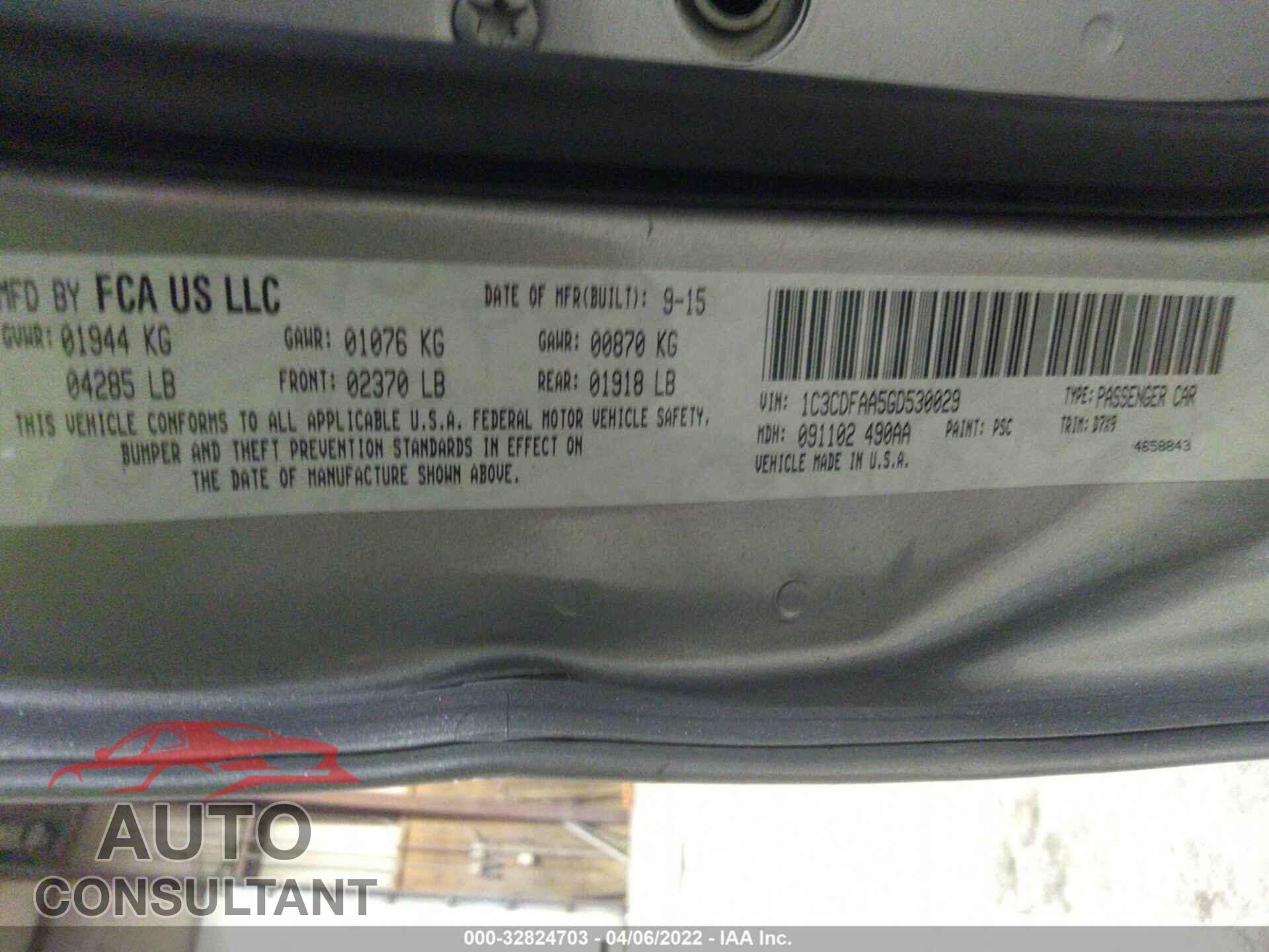 DODGE DART 2016 - 1C3CDFAA5GD530029