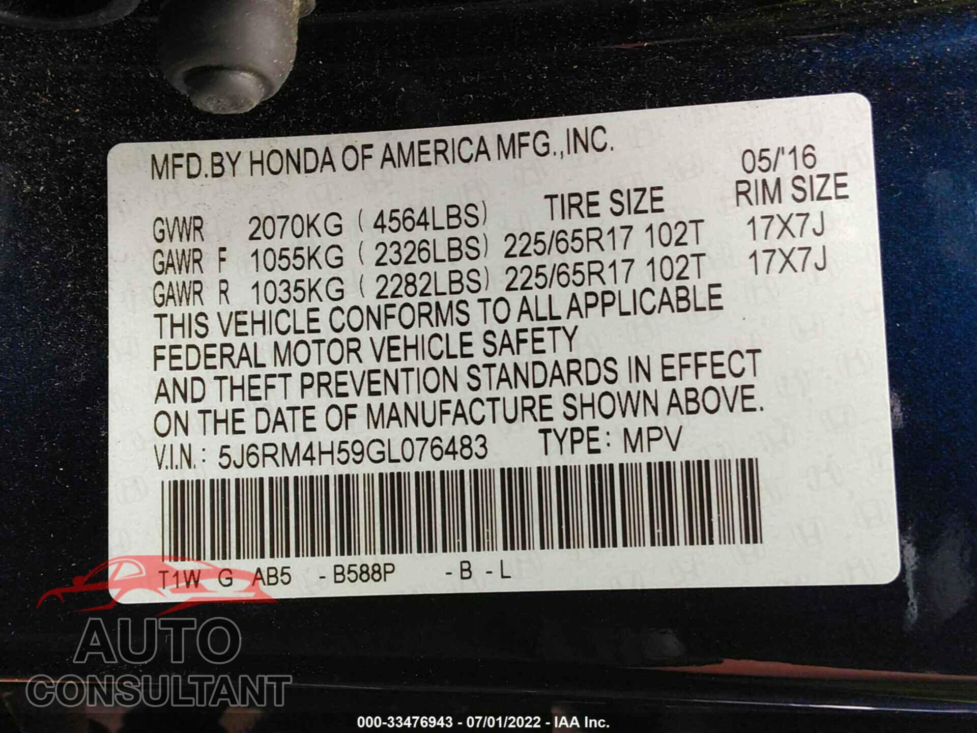 HONDA CR-V 2016 - 5J6RM4H59GL076483