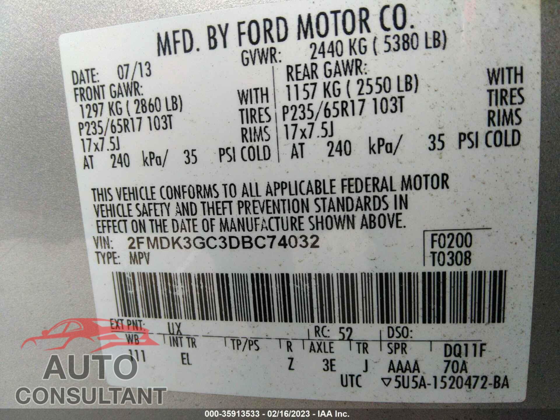 FORD EDGE 2013 - 2FMDK3GC3DBC74032