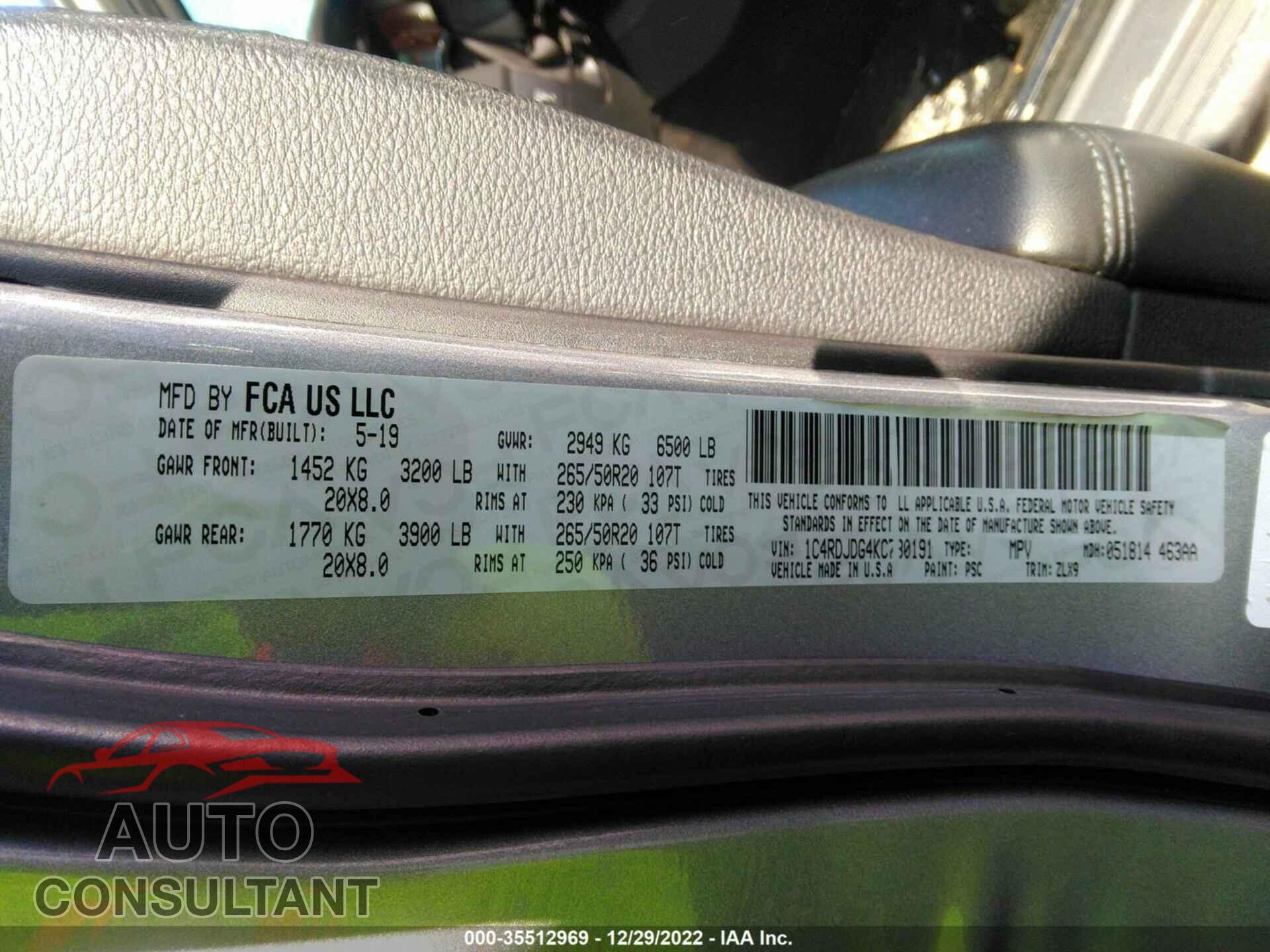 DODGE DURANGO 2019 - 1C4RDJDG4KC780191
