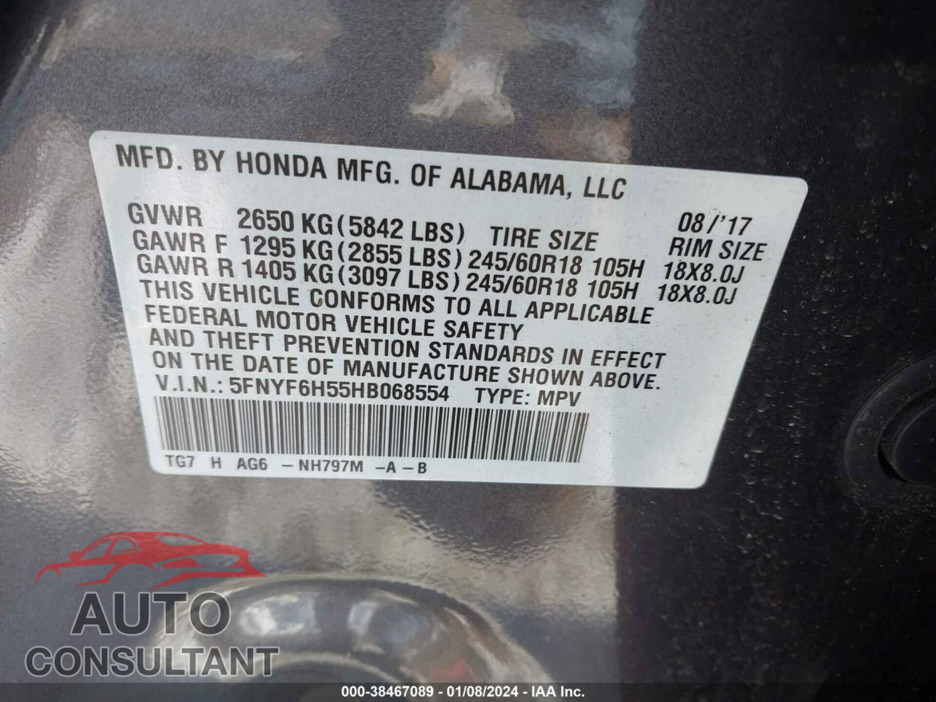 HONDA PILOT 2017 - 5FNYF6H55HB068554