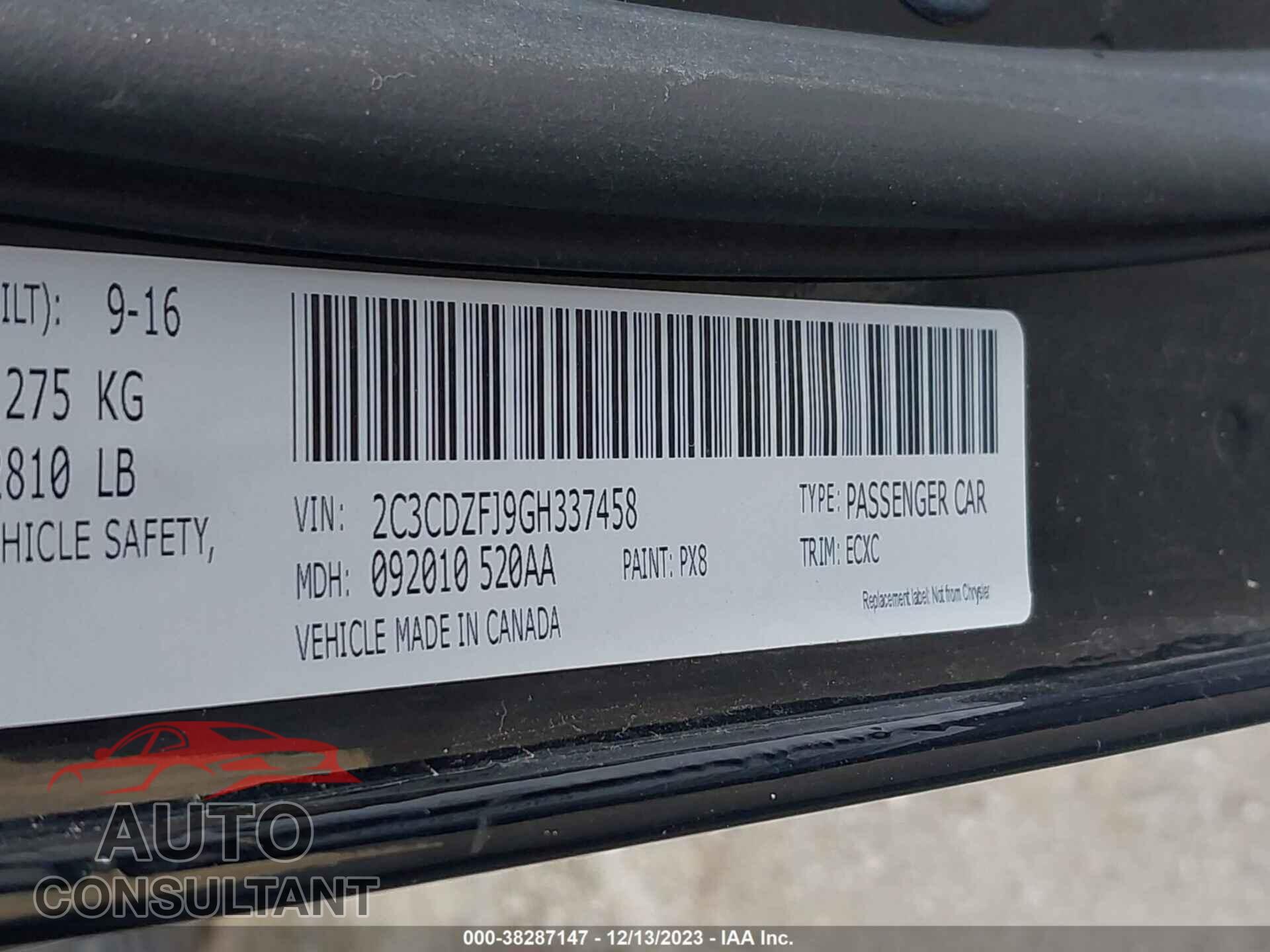 DODGE CHALLENGER 2016 - 2C3CDZFJ9GH337458