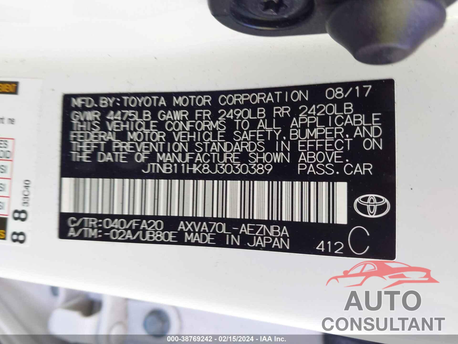 TOYOTA CAMRY 2018 - JTNB11HK8J3030389