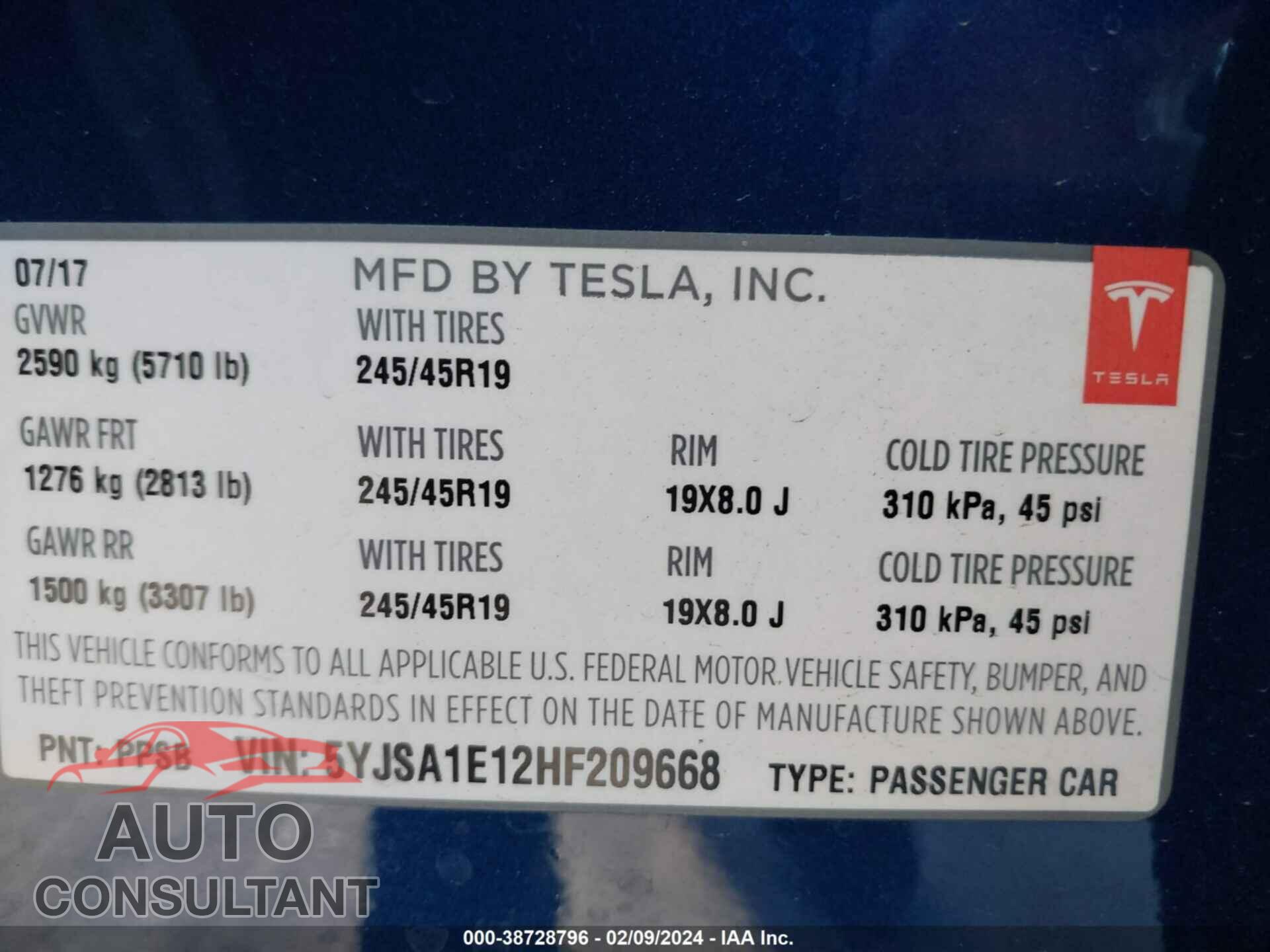 TESLA MODEL S 2017 - 5YJSA1E12HF209668