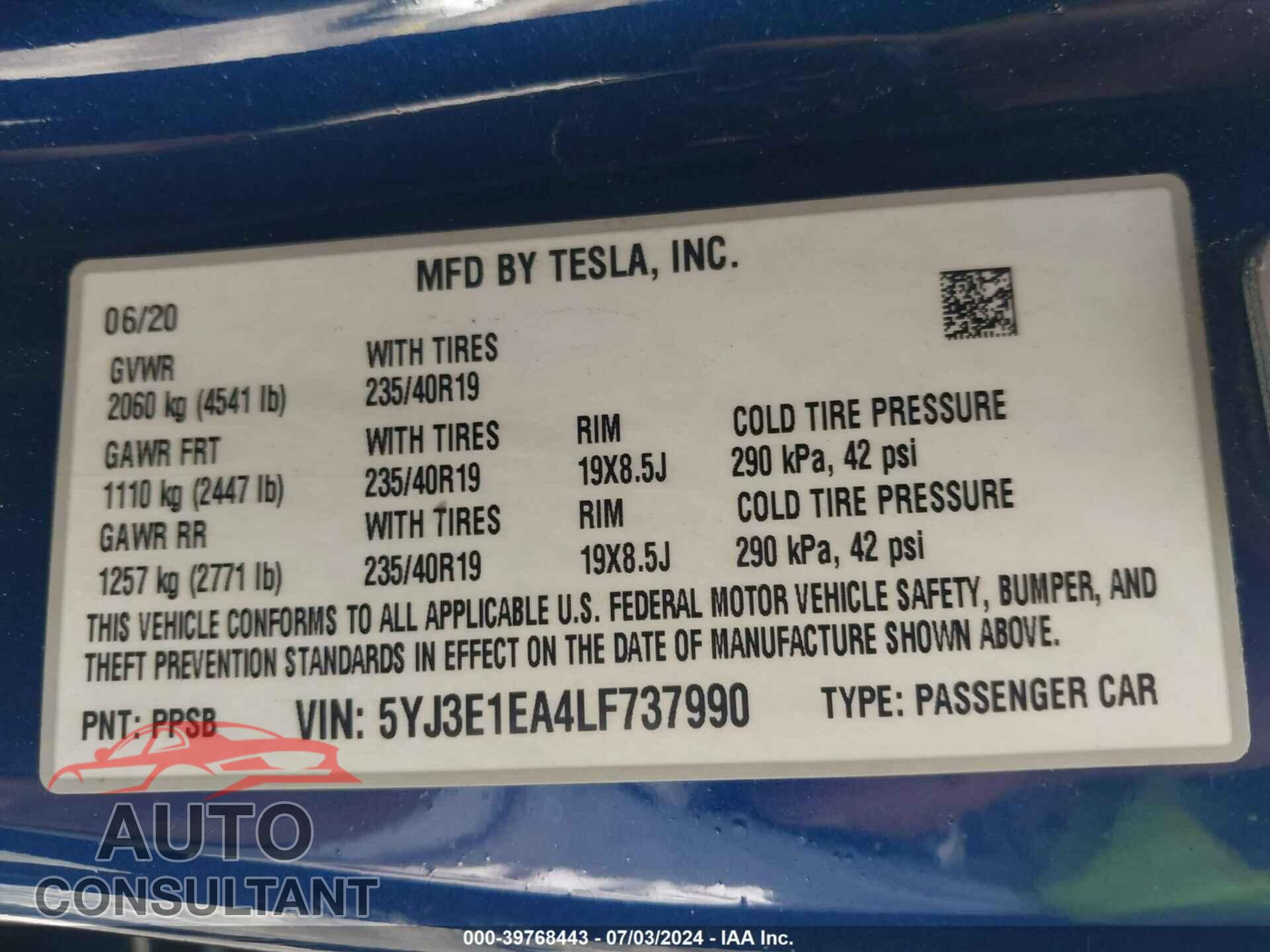 TESLA MODEL 3 2020 - 5YJ3E1EA4LF737990