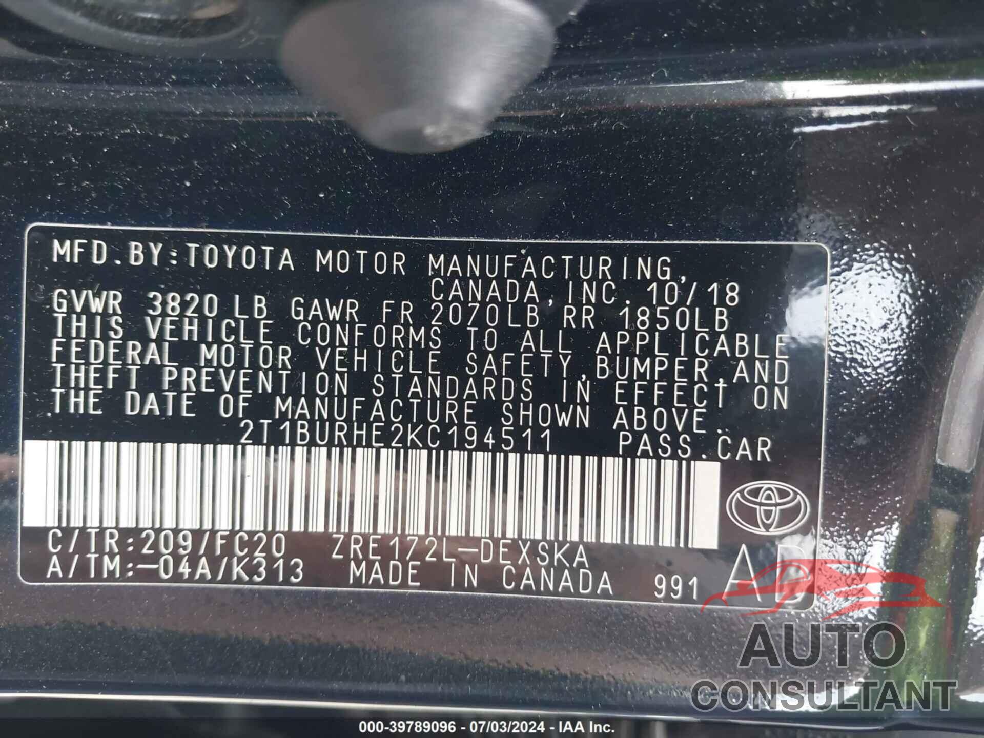 TOYOTA COROLLA 2019 - 2T1BURHE2KC194511