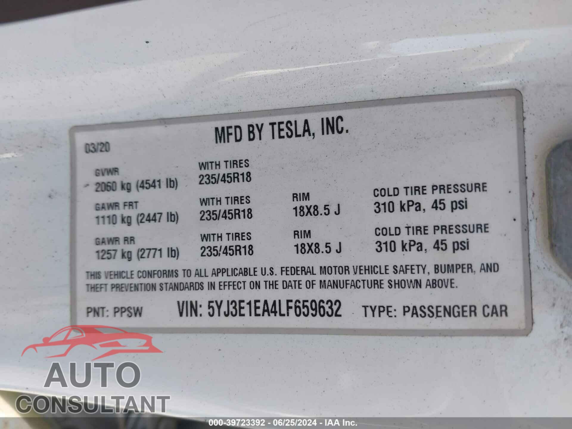 TESLA MODEL 3 2020 - 5YJ3E1EA4LF659632