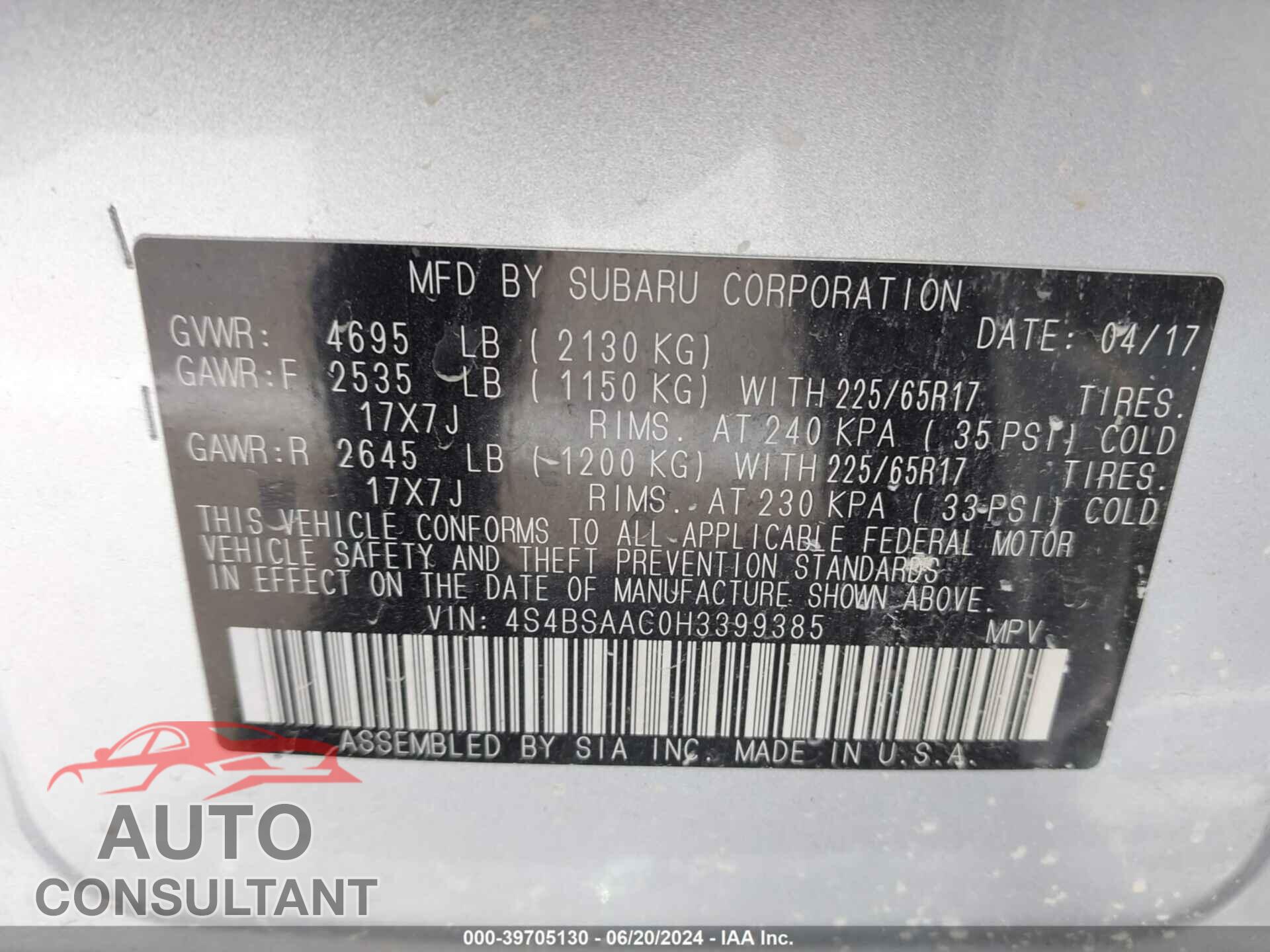 SUBARU OUTBACK 2017 - 4S4BSAAC0H3399385