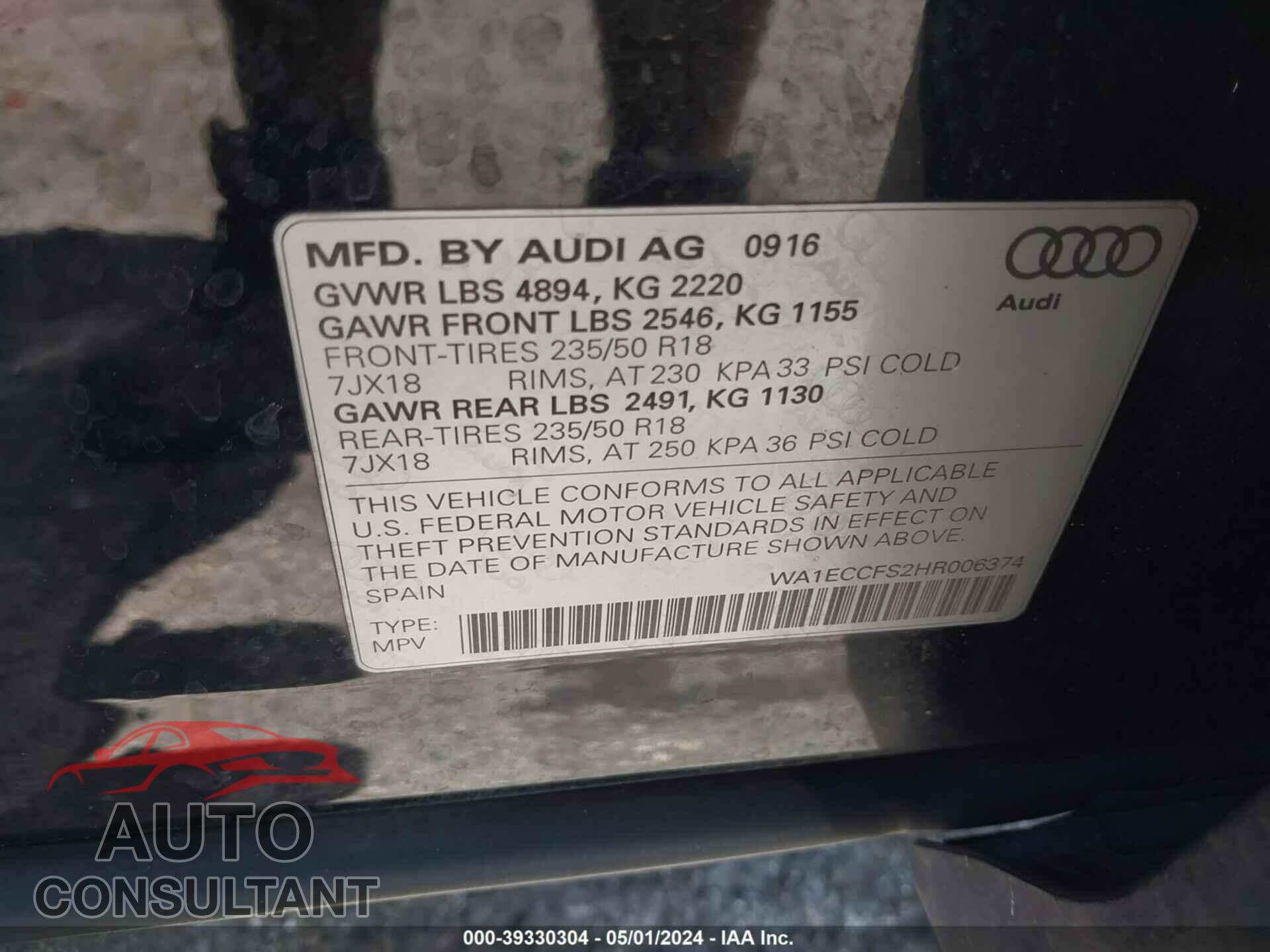 AUDI Q3 2017 - WA1ECCFS2HR006374