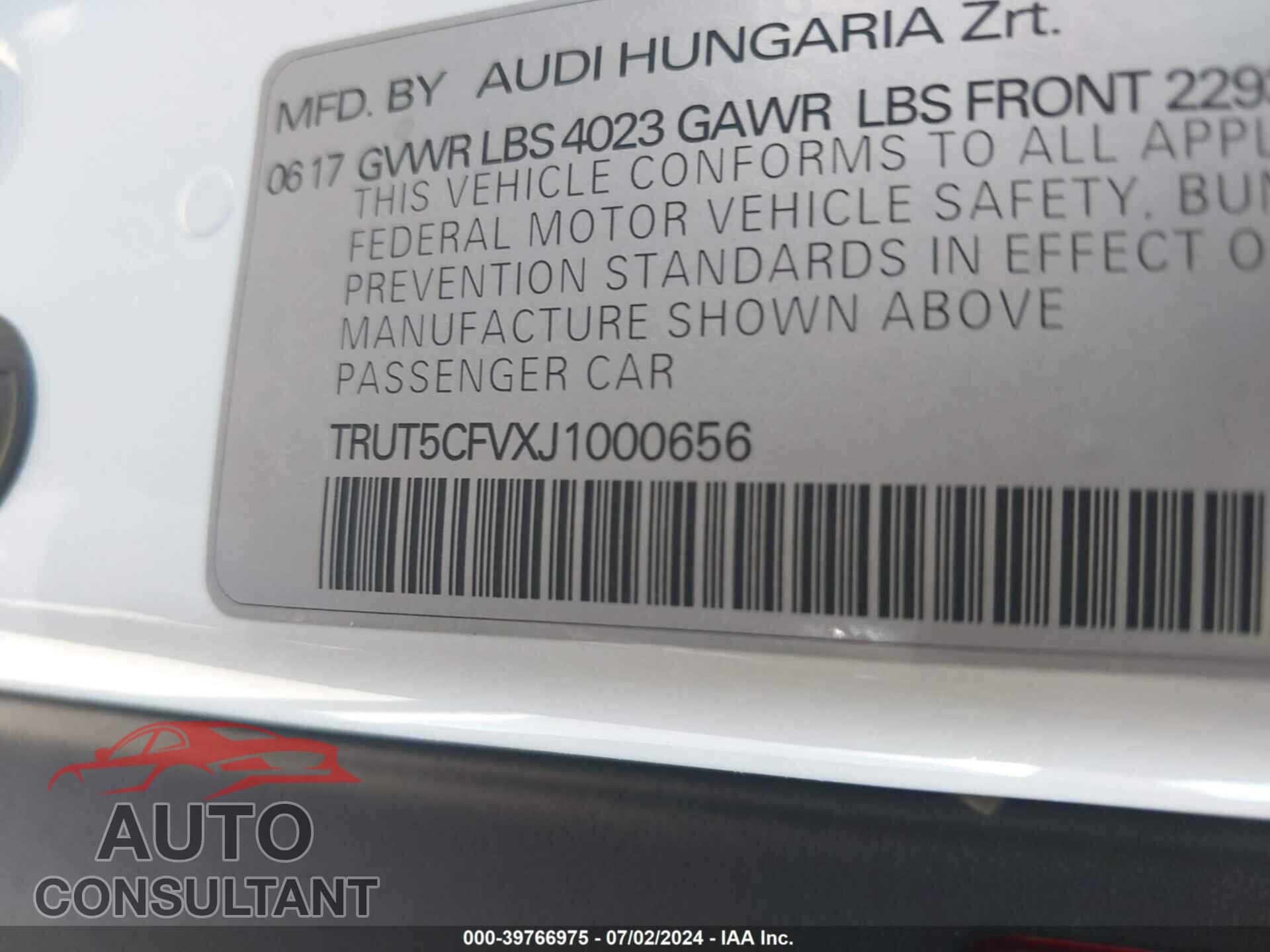 AUDI TT 2018 - TRUT5CFVXJ1000656