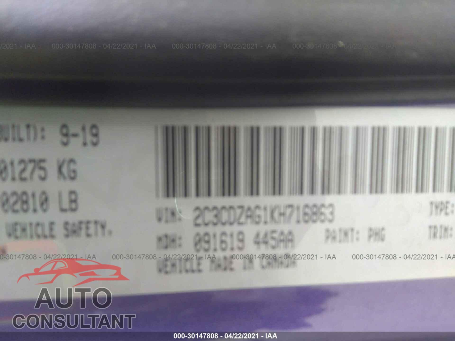 DODGE CHALLENGER 2019 - 2C3CDZAG1KH716863