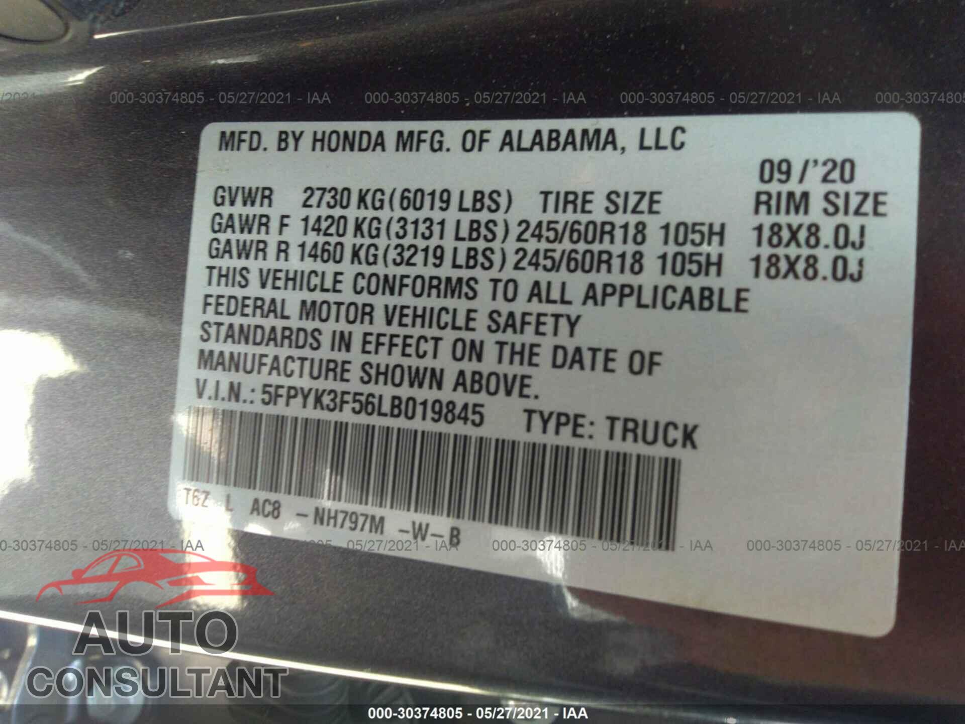 HONDA RIDGELINE 2020 - 5FPYK3F56LB019845