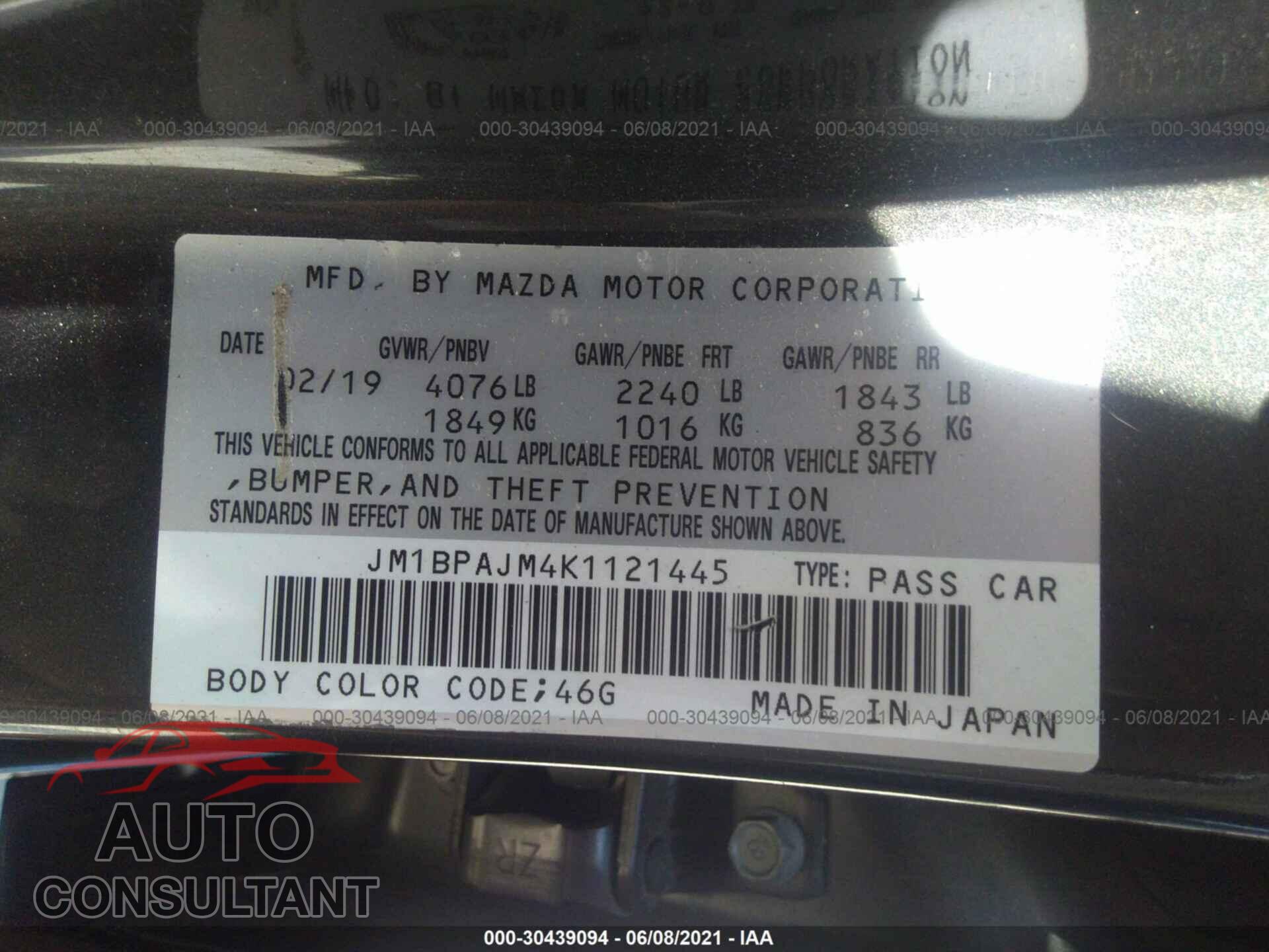 MAZDA MAZDA3 HATCHBACK 2019 - JM1BPAJM4K1121445
