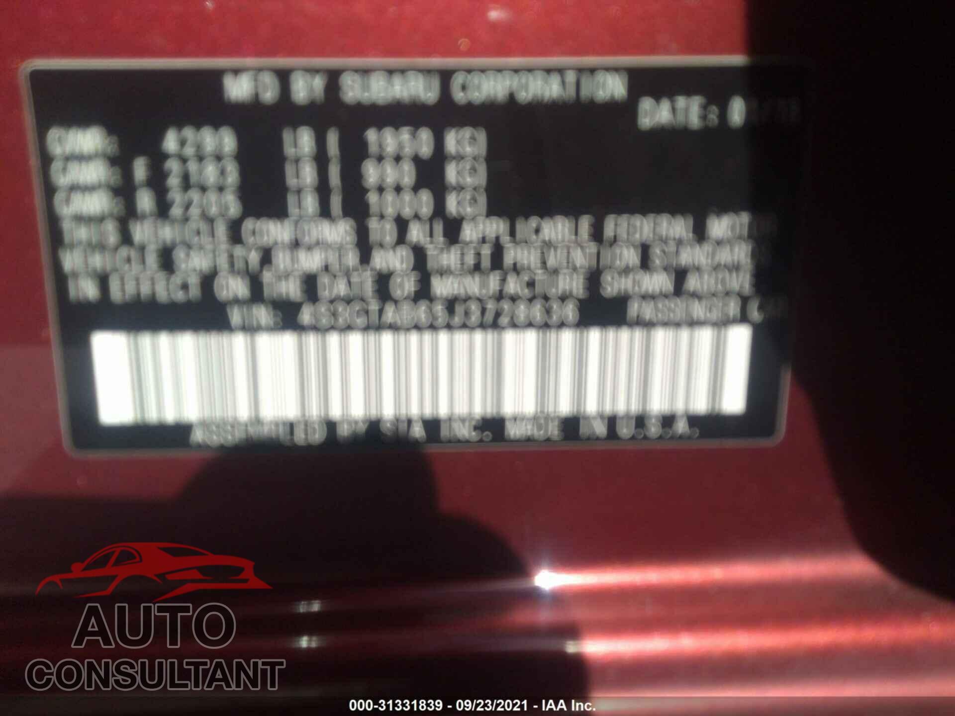 SUBARU IMPREZA 2018 - 4S3GTAB65J3728636