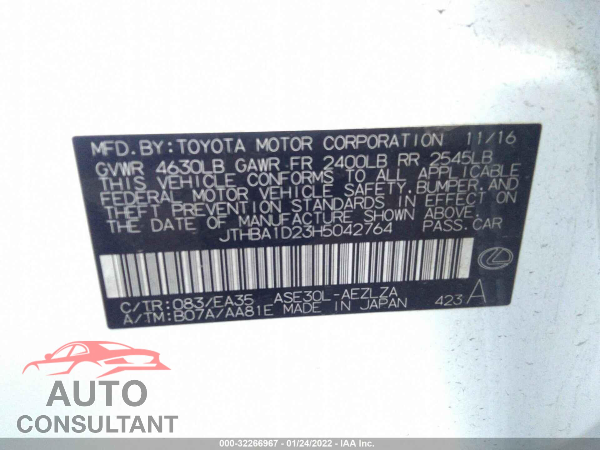 LEXUS IS 2017 - JTHBA1D23H5042764