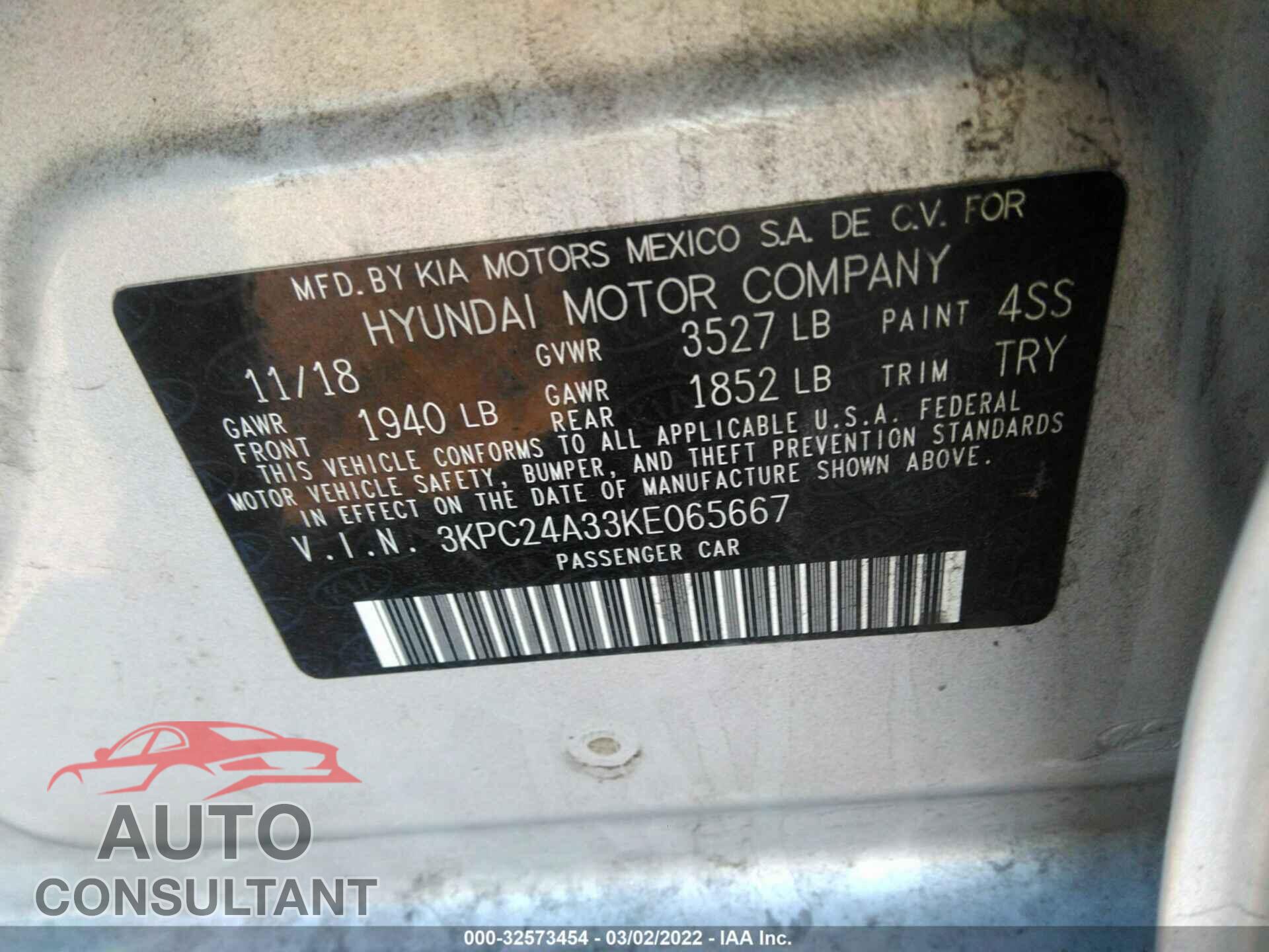HYUNDAI ACCENT 2019 - 3KPC24A33KE065667